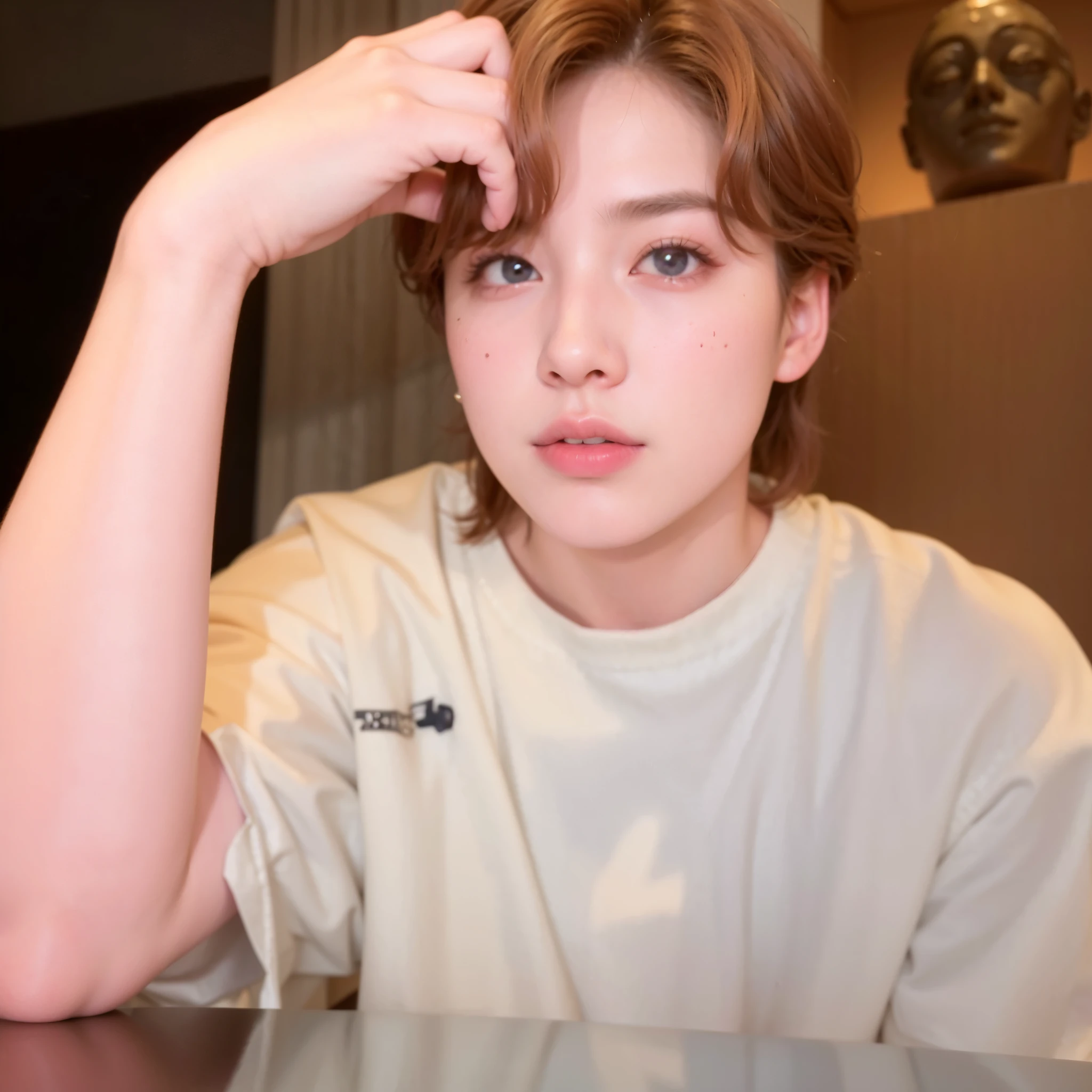mulher arafa com cabelo colorido sentada em uma mesa, Jung Jaehyun, adorable and pale korean face, Ulzzang inteligente, Kim Doyoung, com cabelo curto, jossi do blackpink, Hong junho hyung, taejune kim, Ulzzang, o corte Hime, jaeyeon nam, XQC, Parque Jimin, cabelo curto platinado moleca