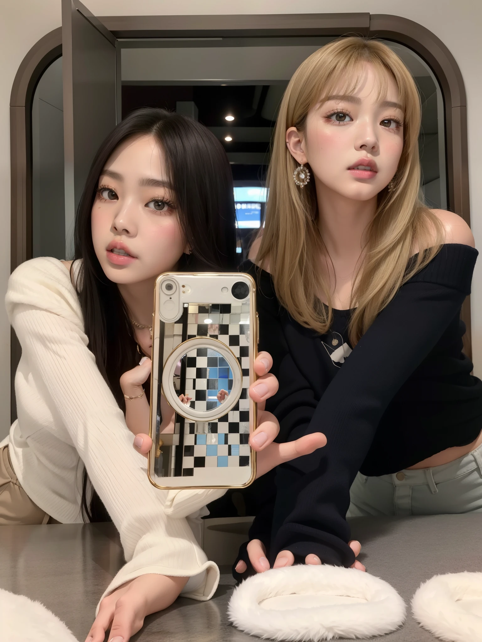 two women taking a picture of themselves in a mirror with a cell phone, roseanne park of blackpink, 2 0 2 0 fashion, blackpink, e-girl, e - girl, ulzzang, blackpink jennie, lalisa manoban of blackpink, jossi of blackpink, ๐คฌ ๐คฎ ๐ ๐, naver fanpop, two models in the frame