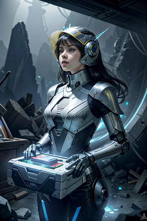 (best quality,4k,8k,highres,masterpiece:1.37), ultra-detailed, (realistic,photorealistic,photo-realistic:1.37), (aerial view), (top down perspective), 1woman, (the foreground is a woman pulling a video game cartridge out of a futuristic artifact box full of retro video game cartridges:1.6), (the woman is looking down:1.4), (Futuristic artifact box), (the artifact box is open), (The scene unfolds inside a mystical cavern:1.4), robot joints, mecha musume, (The woman is wearing a mecha armor made with glass details, covering her entire body:1.5), gatchaman, (She has a gatchaman helmet glass visor:1.4), (dynamic angle:1.37), headgear, mechanical parts, (The woman's headgear is made of fractal mechanical parts:1.4), (fantasy and sci-fi mixed:1.37), holographic glitch effects floats around the woman, vibrant colors, (A blue glow emanates from inside the treasure chest), glowing lights, (abandoned machinery), (there are video game cartridges and consoles on the background), mystical creatures, (there are crystal formations spreading on the background), (futuristic technology), (ancient artifacts), mystical energy, vibrant retro aesthetic, atmospheric lighting, ancient ruins, mysterious symbols, lush vegetation, interdimensional portals, nostalgic atmosphere, epic adventure, delightful surprises