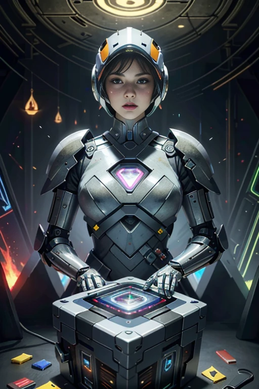 (best quality,4k,8k,highres,masterpiece:1.37), ultra-detailed, (realistic,photorealistic,photo-realistic:1.37), (aerial view), (top down perspective), 1woman, (the foreground is a woman pulling a video game cartridge out of a futuristic artifact box full of retro video game cartridges:1.6), (the woman is looking down:1.4), (Futuristic artifact box), (the artifact box is open), (The scene unfolds inside a mystical cavern:1.4), robot joints, mecha musume, (The woman is wearing a mecha armor made with glass details, covering her entire body:1.5), gatchaman, (She has a gatchaman helmet glass visor:1.4), (dynamic angle:1.37), headgear, mechanical parts, (The woman's headgear is made of fractal mechanical parts:1.4), (fantasy and sci-fi mixed:1.37), holographic glitch effects floats around the woman, vibrant colors, (A blue glow emanates from inside the treasure chest), glowing lights, (abandoned machinery), (there are video game cartridges and consoles on the background), mystical creatures, (there are crystal formations spreading on the background), (futuristic technology), (ancient artifacts), mystical energy, vibrant retro aesthetic, atmospheric lighting, ancient ruins, mysterious symbols, lush vegetation, interdimensional portals, nostalgic atmosphere, epic adventure, delightful surprises