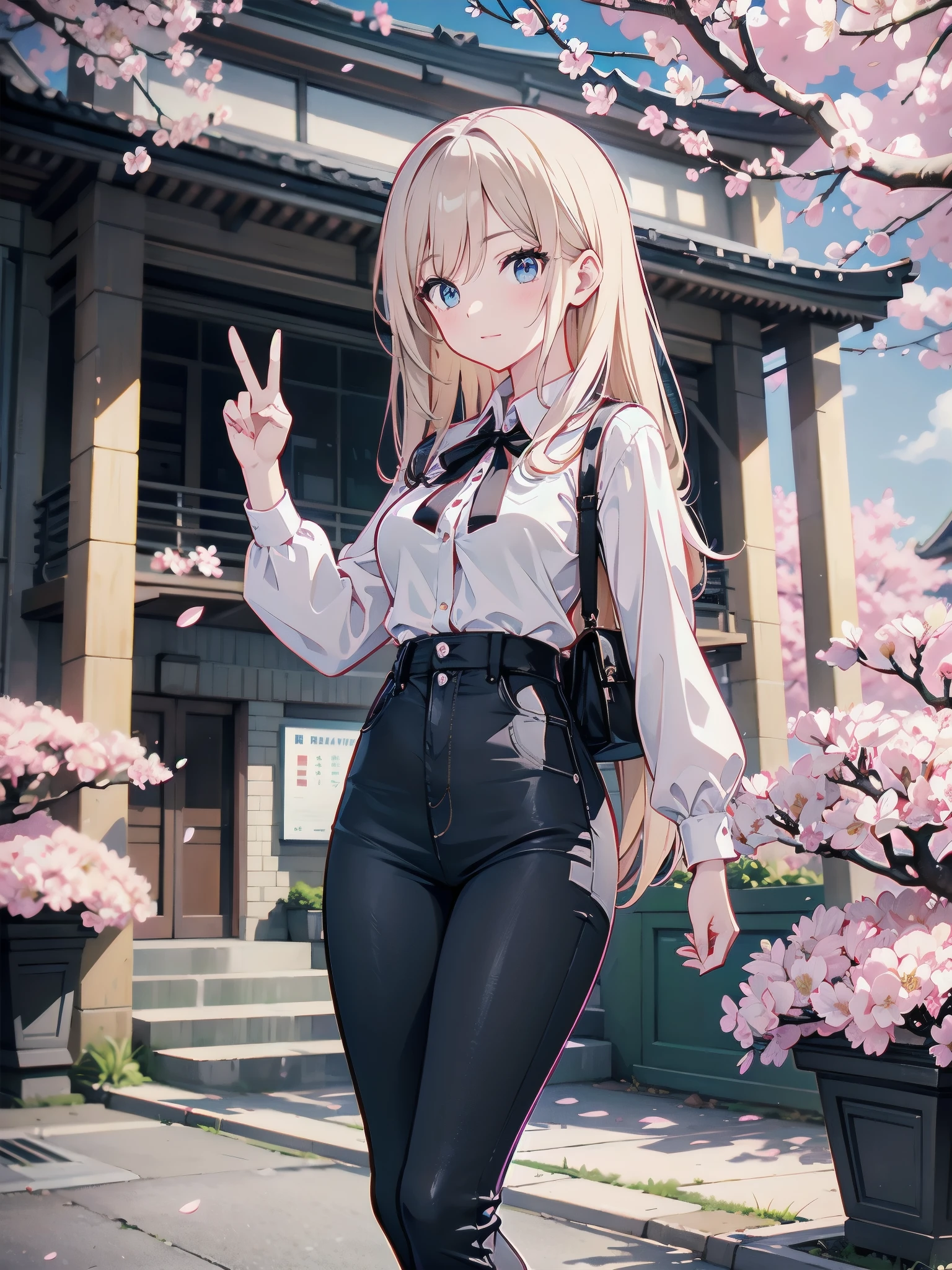 A 28-year-old female teacher wearing a white peplum blouse and black skinny jeans、A peace sign in front of a cherry blossom tree and a brick school building reminiscent of Tokyo Station