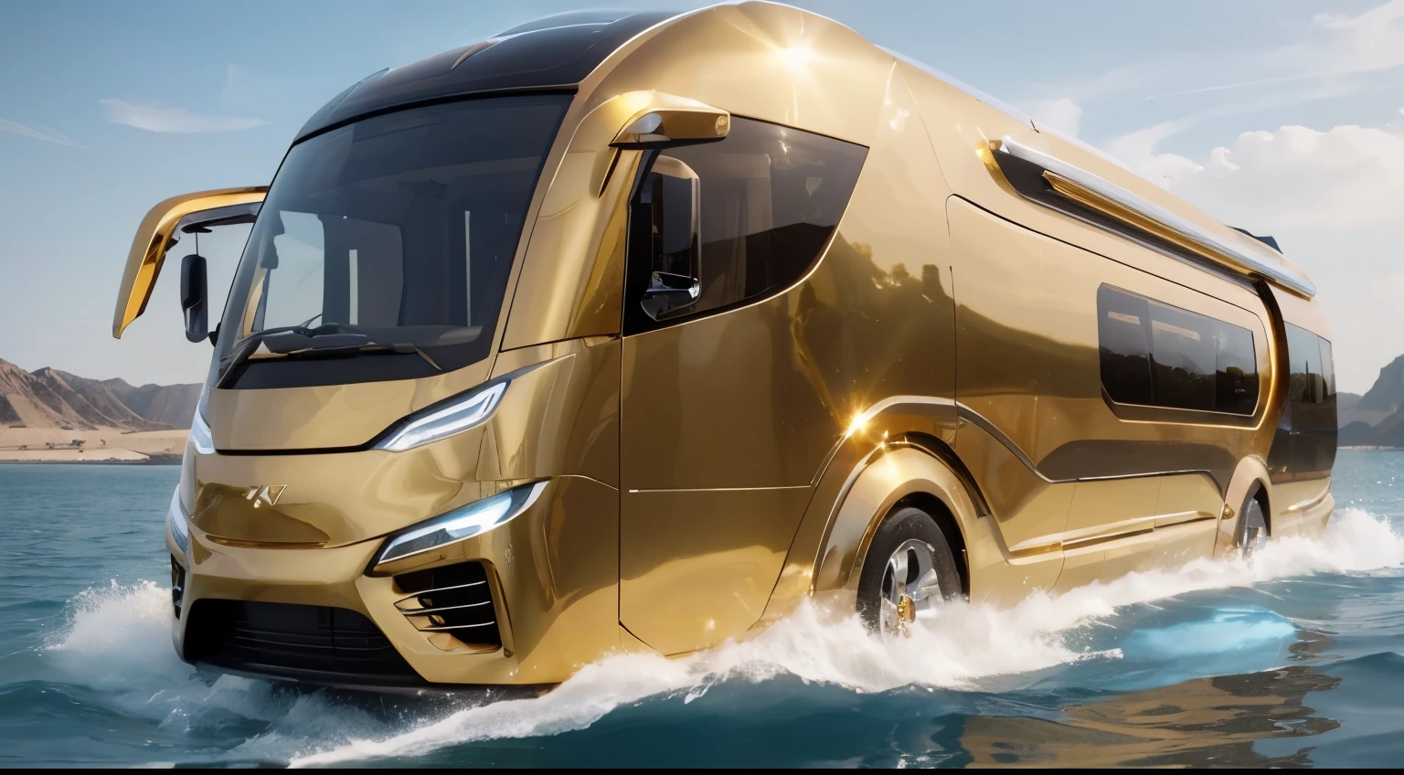 a close up of a gold bus driving through the water, trending on vehicle design, closeup shot, futuristic chrome vehicle, transportation design render, vehicle concept photo!!, new vehicle, gold body, elegant gold body, very futuristic, futuristic vehicle, futuristic product car shot, gold and luxury materials, futuristic vehicles, vehicle design, shiny gold, 12k, 1 2 k