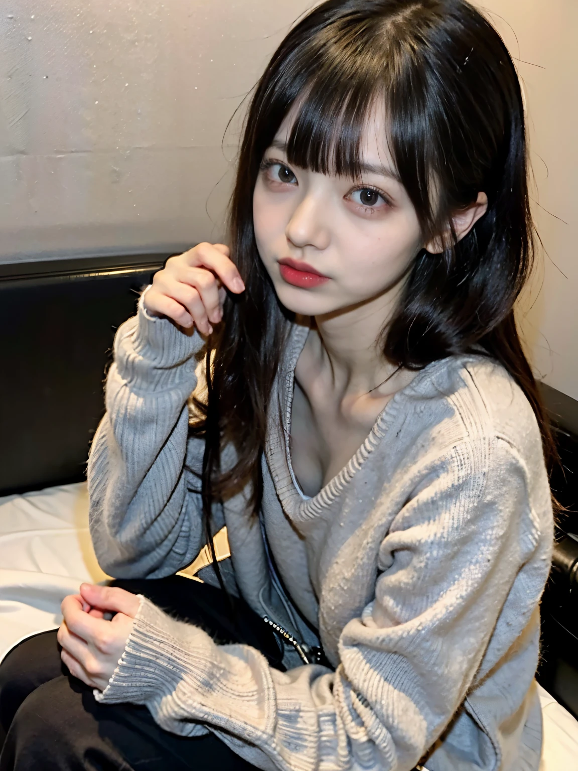 raw photo, 8k, (top-quality), Realistic, (real picture, Intricate details), (natural skin texture, detailed skin, hyper realism, sharpness), (Japanese age girl sitting on bed in a hotel at night), ((gray hand-knitted long sweater, v-neck sweater)), (((flat chast:1.5, munechira))), (slender body, pale skin:1.2), ((straight hair, blunt bangs)), (provocative look, Parted lips:1.3, red eye shadow, eye bag:1.3, red thick lips, under eye circle), night time, red wallpaper, hard lighting:1.3