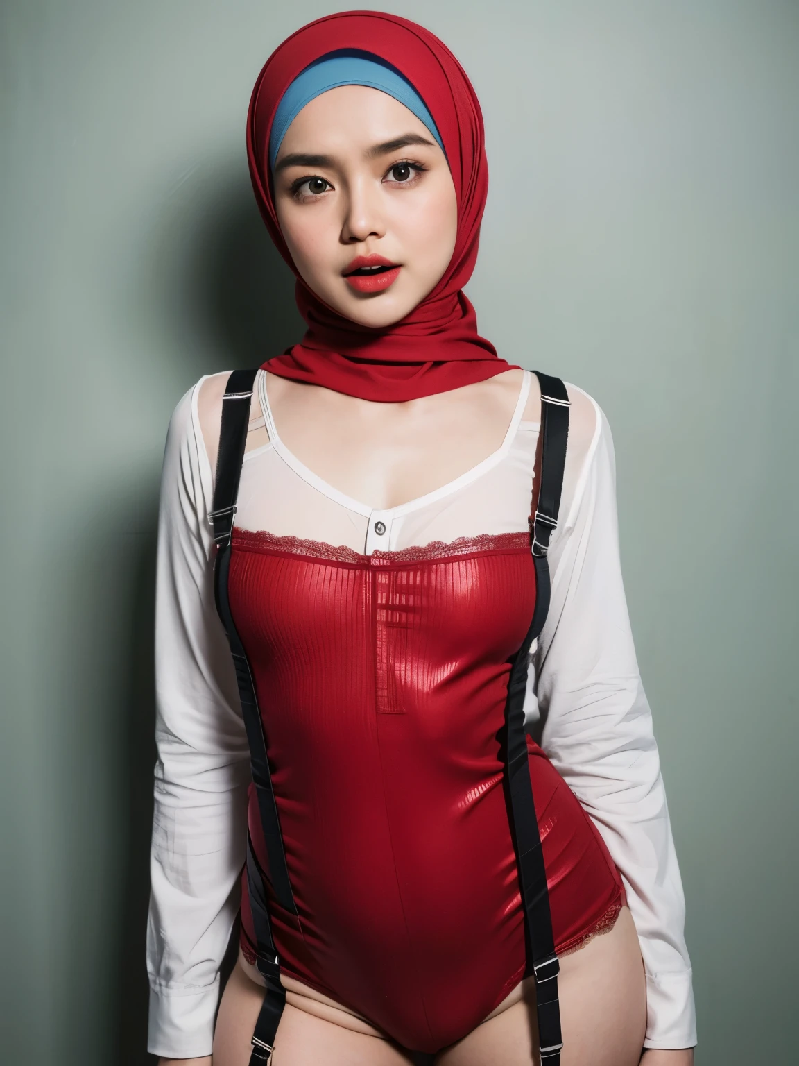 (WEARING SUSPENDER), ((Open mouth)), Naked singlet (((HIJAB MALAY GIRL))), masutepiece, High quality, UHD 32K, Realistic face, Realistic skin feeling , A Japanese Lady, 8 , , Very cute and baby-like face, (((FLAT CHEST))), (MATRIX WORLD), ((look In front at the camera and SADNESS)), ((())), (((CUTE GIRL))), ((RED LIPS)), ((Wearing Lingerie Suspender)), ((CHUBBY)), (undress, Rainbow