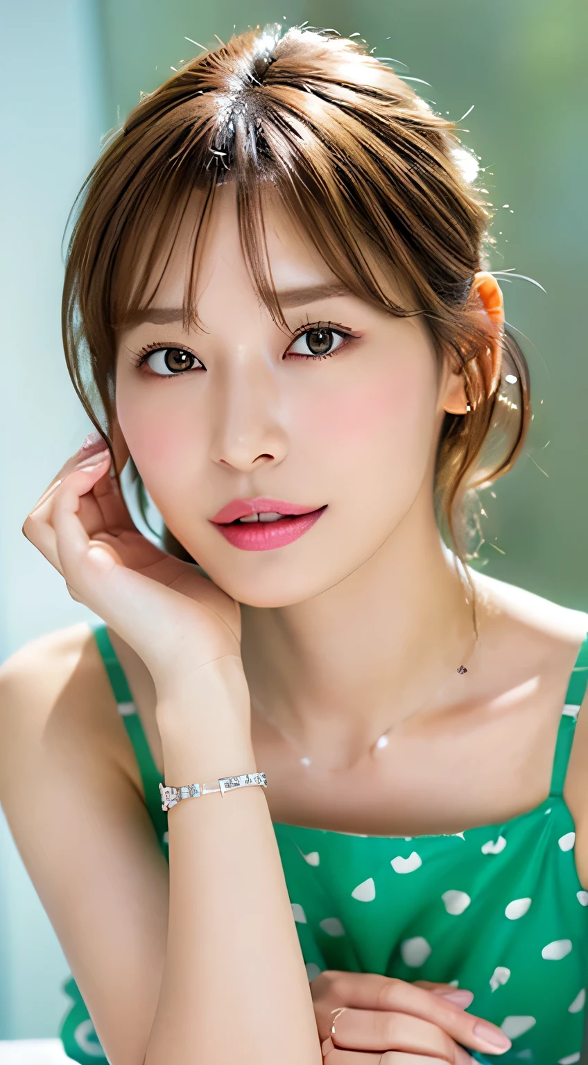 (highest quality, 4k, masterpiece :1.3), 
sharp focus, shallow depth of field, Bright colors, professional level, 
20-year-old, 1 person, (Half Japanese and German woman）, The face of a famous Japanese actress, 
Supple body :1.3, model body shape:1.5, perfect style：1.4, 
narrow shoulders, beautiful clavicle, long and thin legs, 
delicate body shape, The beauty of slim abs :1.2, thin waist :1.2, 
super detailed skin, Fair skin, Shiny skin, super detailed face, 
slim facial contour, beautiful small face, Beautiful lined nose, 
super detailed eyes, long slit eyes, brown eyes, double eyelid, Beautiful thin eyebrows, fine long eyelashes, 
super detailed lips, plump lips, glossy pink lips, flushed cheeks, beautiful teeth, 
Beautiful actress&#39;s ennui makeup, pink lipstick, 
Silver hair color, delicate soft hair, 
(hair up, medium short hair, ponytail:1.2), 
layer cut, (dull bangs:1.2), 
(stylish looking earrings,necklace,bracelet,shiny nail art:1.2), 
cute smile, open mouth half way, Enchanted expression, ((stare at the viewer)), 
(((photorealism,Shoot the whole body from the thighs:1.5))), ((The body is facing sideways)), 
Photographed directly from the front, dynamic lighting, 

(Dress up in a tight green polka dot dress:1.2), 