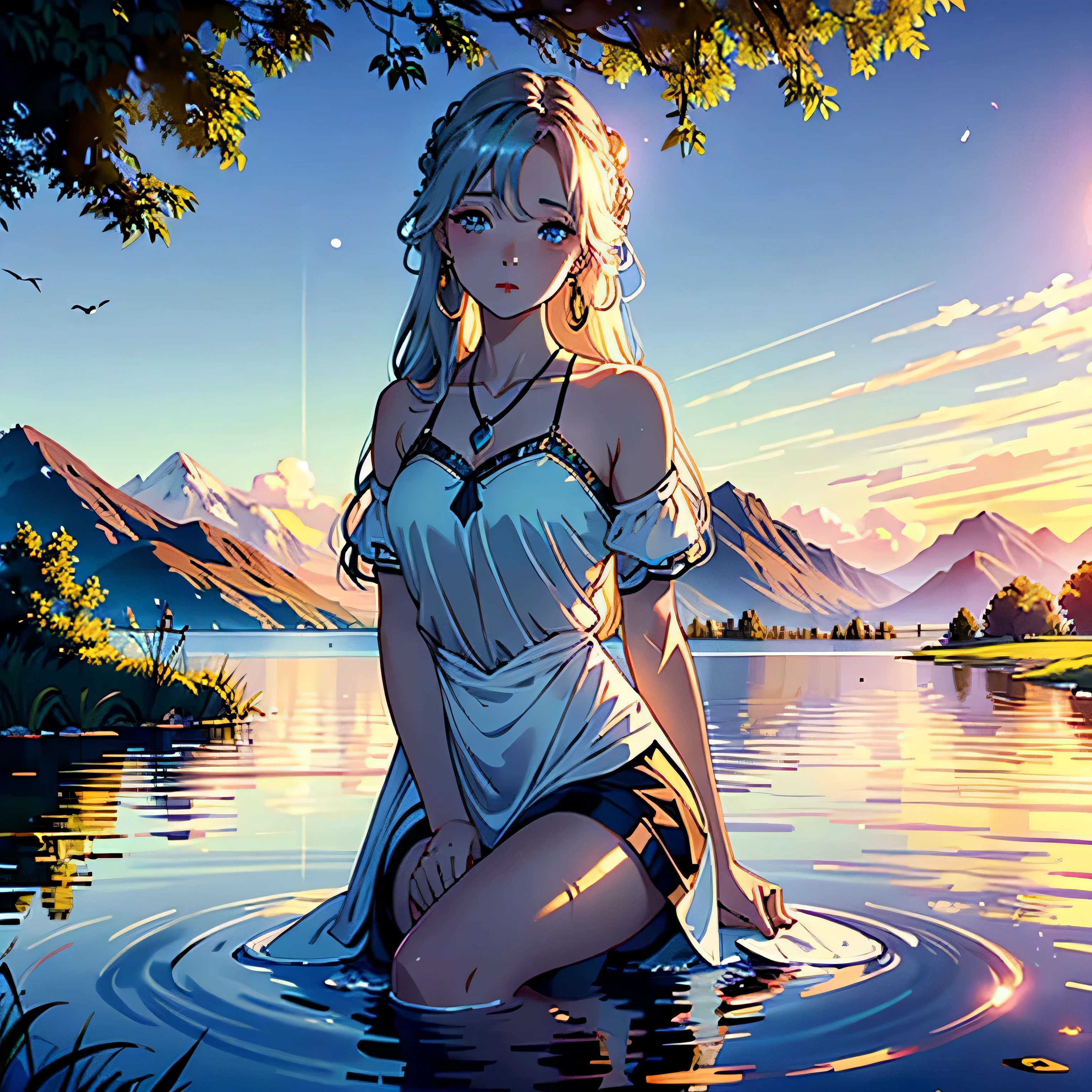 1 girl, calm expression, enchanting eyes, straight long hair, flowing dress, sexy pose, porcelain skin, subtle blush, Crystal pendant BREAK golden hour, (rim lighting):1.2, warm tones, solar flare, soft shadow, bright colors, painterly effect, Dreamy atmosphere BREAK Beautiful lake, distant mountain々, willow tree, calm water, reflection, clouds illuminated by the sun, Nasty atmosphere, calm sunset, Super detailed, official art, unity 8k wallpaper
, tangled, mandala