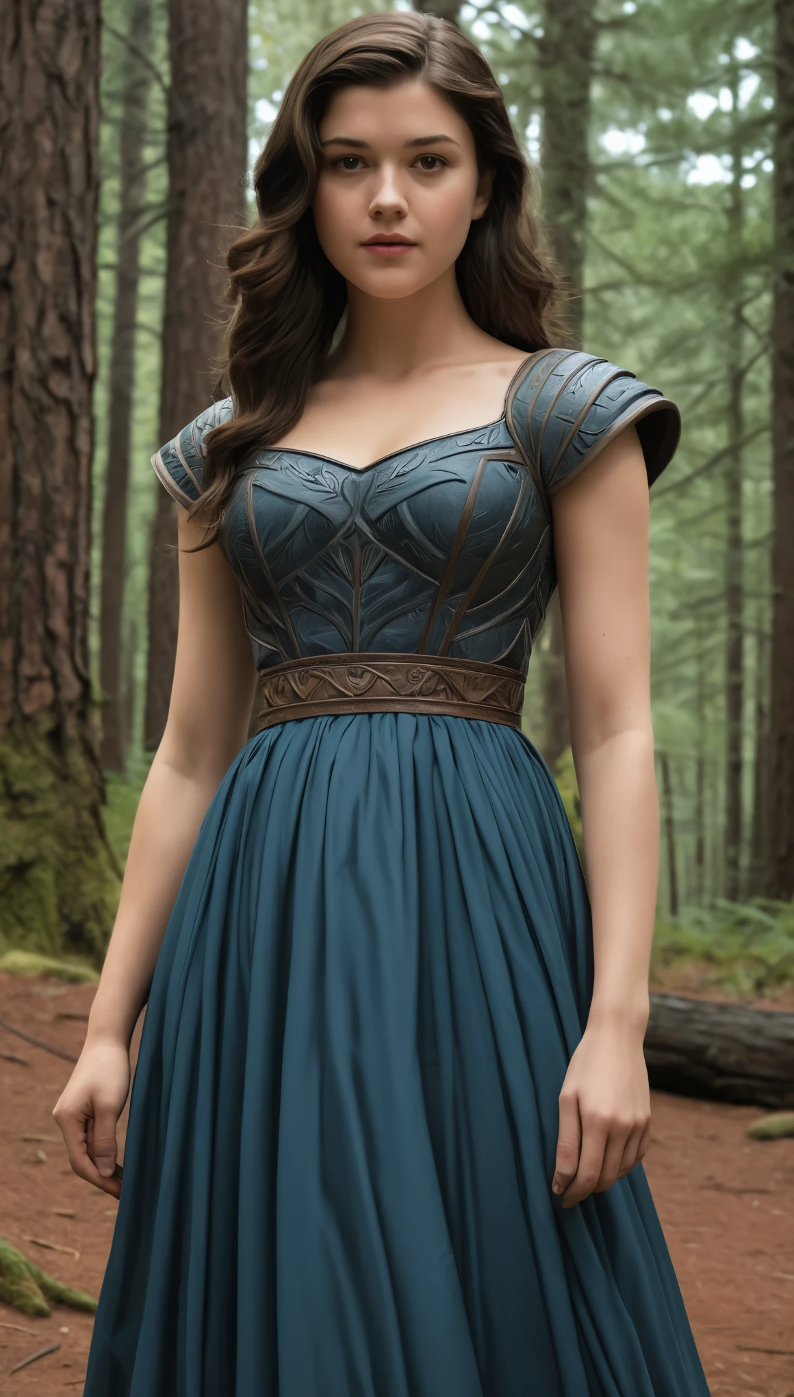 An illustrated movie poster, hand-drawn, full color, a Westerosi teen girl, wearing a long regal dress, resembles Mary Elizabeth Winstead, sun-tanned complexion, tall, athletic, Amazonian figure, curvy, toned midriff, bottom-heavy, generous hips, massive bubble-butt, ridiculously thick powerful thighs, dark hair, long hair, waist-length hair, posing in a pine forest, hard shadows, graphite shading, stencil marks, airbrushed acrylic paint, masterpiece, in the style of Skyrim
