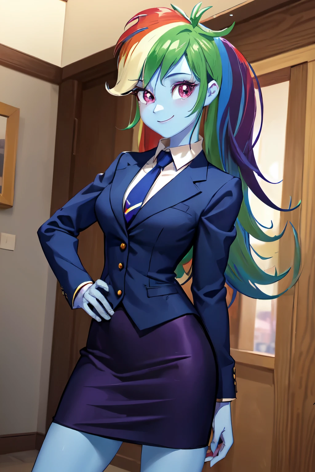 (masterpiece, best quality:1.2), cowboy shot, solo, 1girl, mlpdash, colored skin, blue skin, smile, looking at viewer, hand on hip, rainbow hair, purple eyes, business skirt suit, blazer, necktie, pencil skirt, makeup, high heels