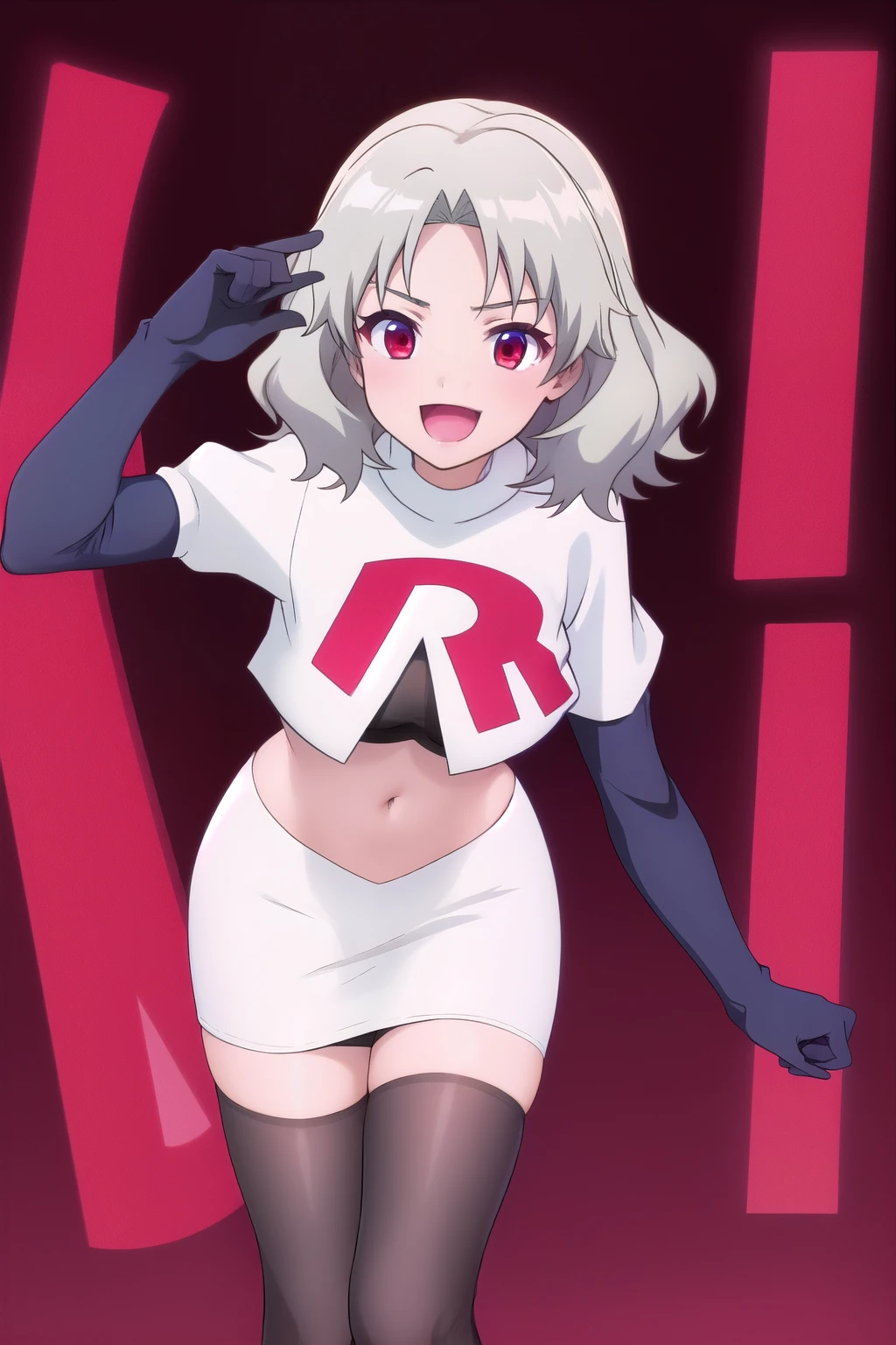 Tina_Holly, smile, (acclaimed, alluring, captivating, exciting, gorgeous), (trending on CGSociety, trending on pixiv, contest winner:1.3), team rocket,team rocket uniform,white skirt,red letter R,crop top,black thigh-highs,black elbow gloves