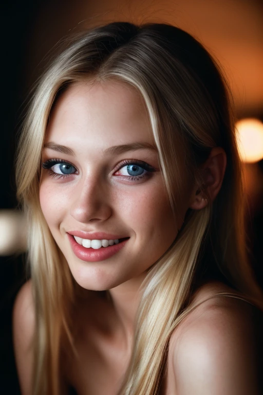(close-up, editorial photograph of a 21 year old woman), (highly detailed face:1.4) (smile:0.7) (background inside dark, moody, private study:1.3) POV, by lee jeffries, nikon d850, film stock photograph ,4 kodak portra 400 ,camera f1.6 lens ,rich colors ,hyper realistic ,lifelike texture, dramatic lighting , cinestill 800, 1girl, solo, blonde_hair, blue_eyes, parted_lips, portrait, lips, close-up, realistic, teeth, looking_at_viewer, long_hair, nose, eyelashes