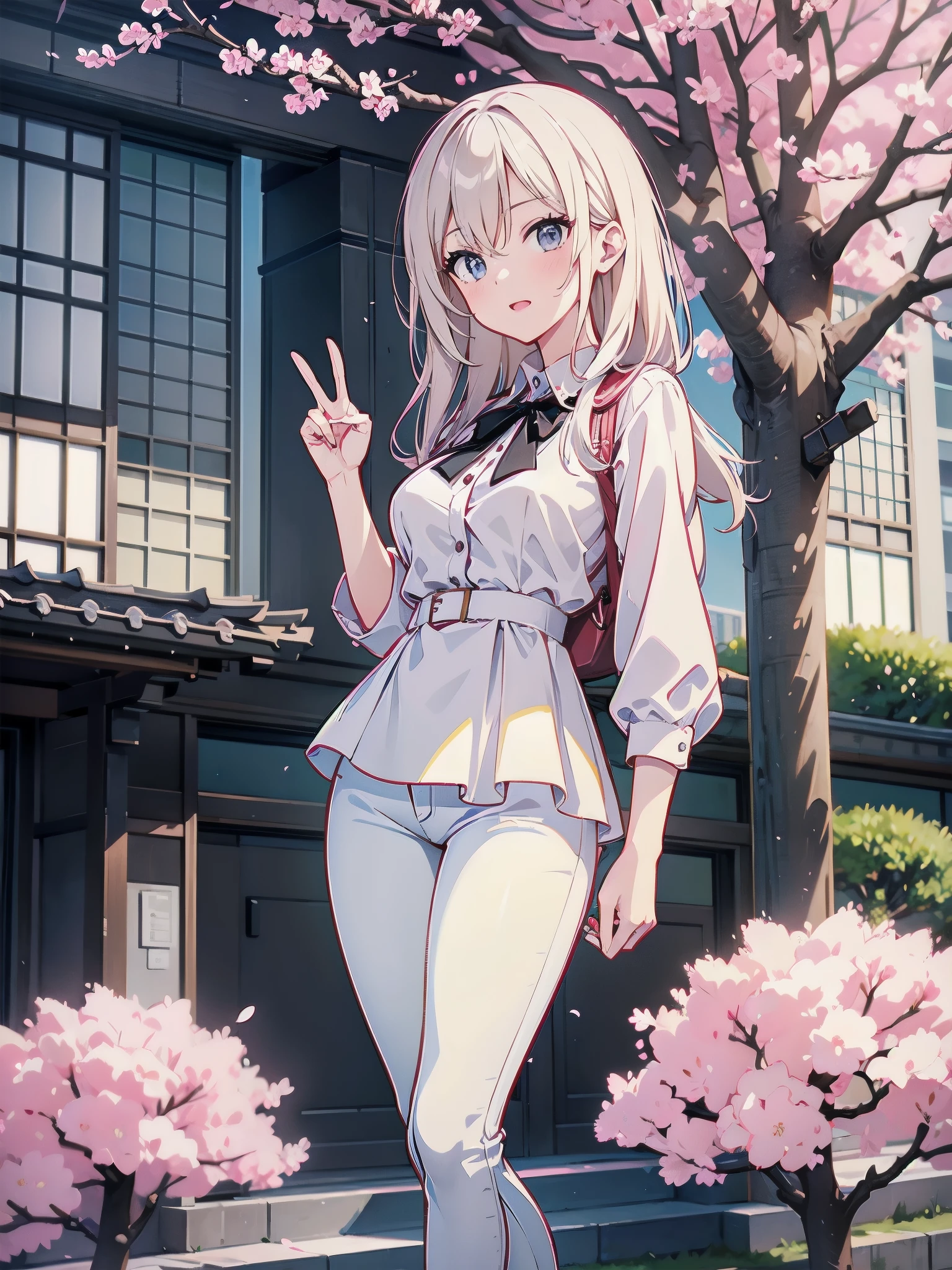 A 28-year-old female teacher wearing a white peplum blouse and black skinny jeans、A peace sign in front of a cherry blossom tree and a brick school building reminiscent of Tokyo Station