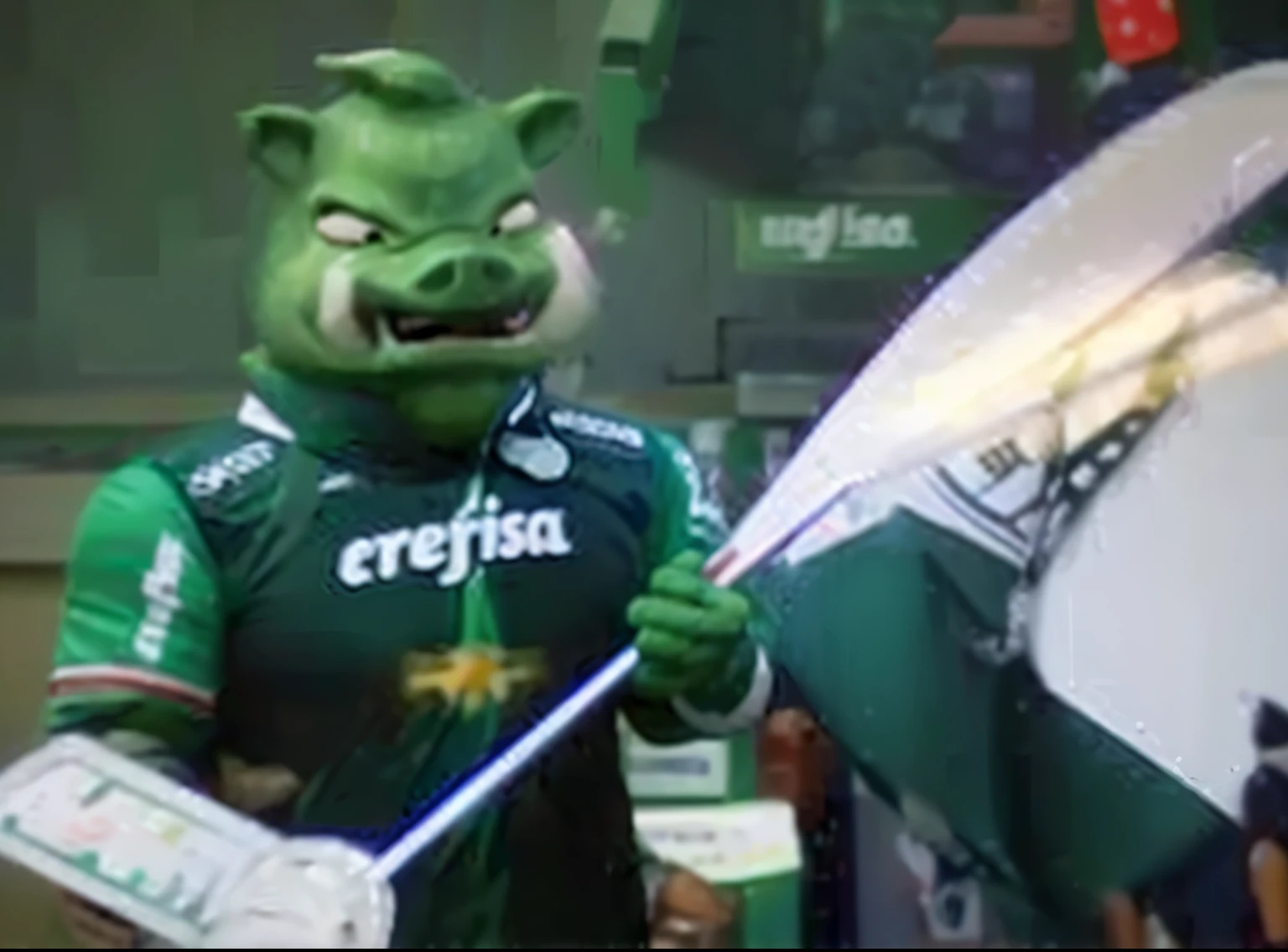 Nesta cena, let's add a unique touch: Porco, the turtle pig hero, displays an unexpected culinary hobby. Along with athletic equipment, Pig is represented holding two barbecue skewers, one in each hand, adorned with succulent grilled fish. Esses espetos, cada um com um peixe perfeitamente cozido empalado neles, add a tasty dimension to the scene, sugerindo os diversos talentos e interesses de Porco. manter o uniforme e no lugar da bandeira colocar os espetos grelhados, seja fiel a imagem alterando apenas o solicitado espetos no lugar da bandeira com destaque para os espetos