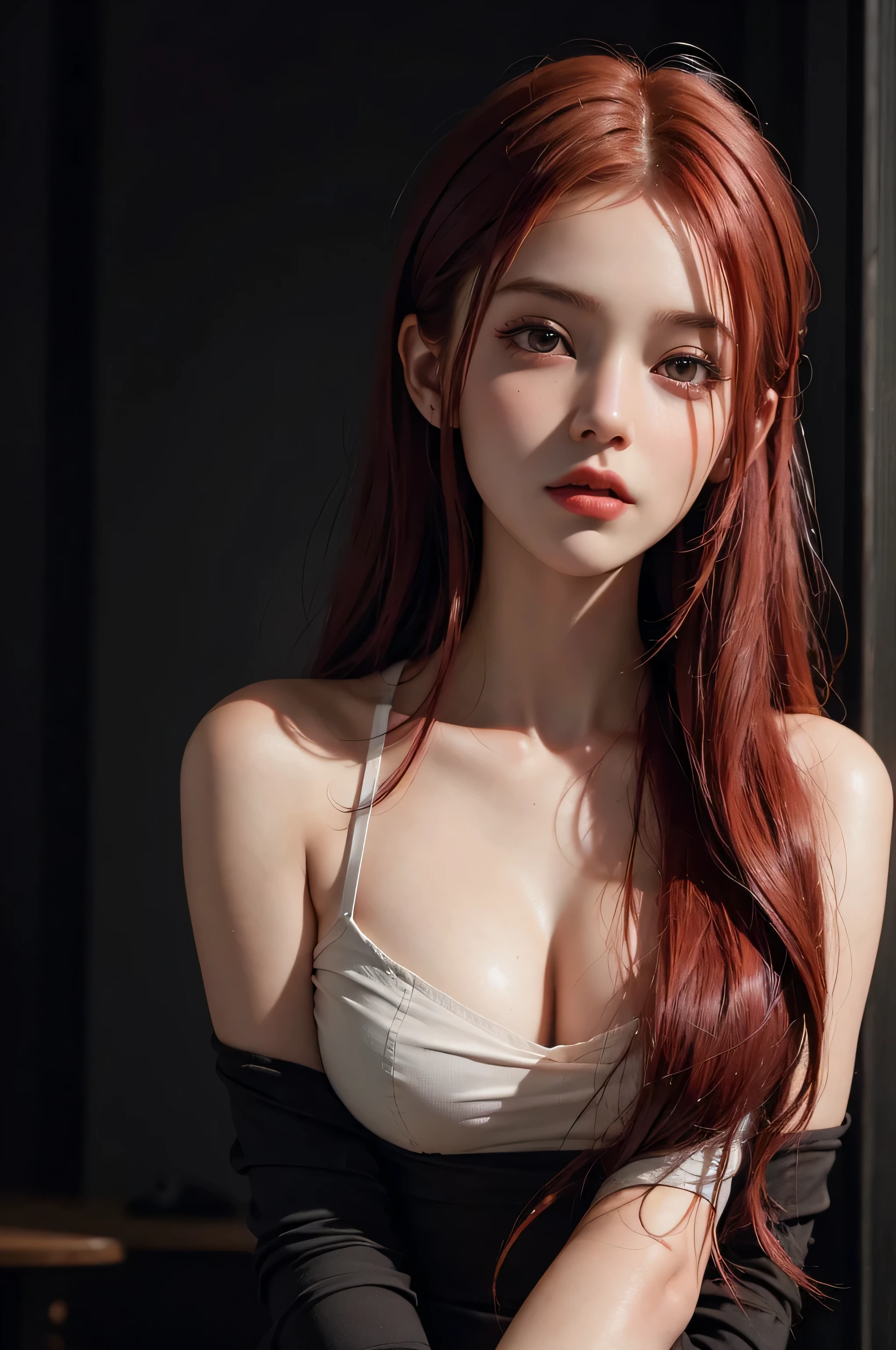 20 year old woman, Red hair, Dark theme, Soothing tones, muted colors, high contrast, (natural skin texture, hyperrealism, Soft light, spicy),