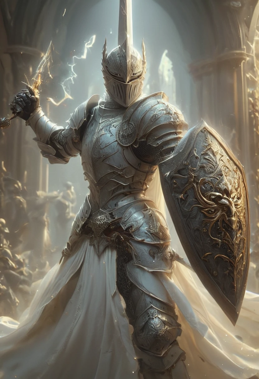 cat Knight, Sword and shield, dynamic pose, Motion Blur, Movie Still, hkstyle, (masterpiece, best quality, perfect composition, very aesthetic, absurdres, ultra-detailed, intricate details, Professional, official art, Representative work:1.3)