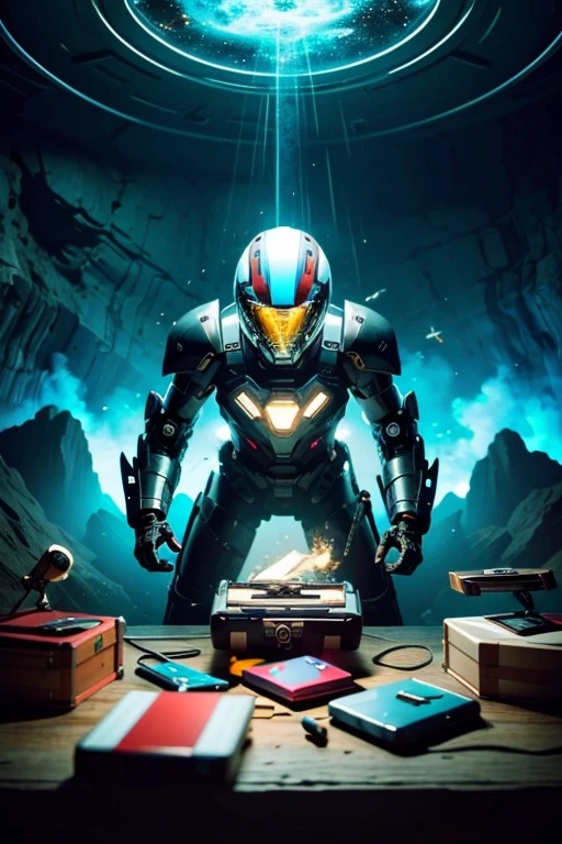 (best quality,4k,8k,highres,masterpiece:1.37), ultra-detailed, (realistic,photorealistic,photo-realistic:1.37), (aerial view), (top down perspective), 1woman, (the foreground is a woman pulling a video game cartridge out of a futuristic artifact box full of retro video game cartridges:1.6), (the woman is looking down:1.4), (Futuristic artifact box), (the artifact box is open), (The scene unfolds inside a mystical cavern:1.4), robot joints, mecha musume, (The woman is wearing a cyber suit made with glass details, covering her entire body:1.5), gatchaman, (She has a helmet glass visor:1.4), (dynamic angle:1.37), headgear, mechanical parts, (The woman's headgear is made of fractal mechanical parts:1.4), (fantasy and sci-fi mixed:1.37), holographic glitch effects floats around the woman, vibrant colors, (A blue glow emanates from inside the treasure chest), glowing lights, (abandoned machinery), (there are video game cartridges and consoles on the background), mystical creatures, (there are crystal formations spreading on the background), (futuristic technology), (ancient artifacts), mystical energy, vibrant retro aesthetic, atmospheric lighting, ancient ruins, mysterious symbols, lush vegetation, nostalgic atmosphere, epic adventure, delightful surprises