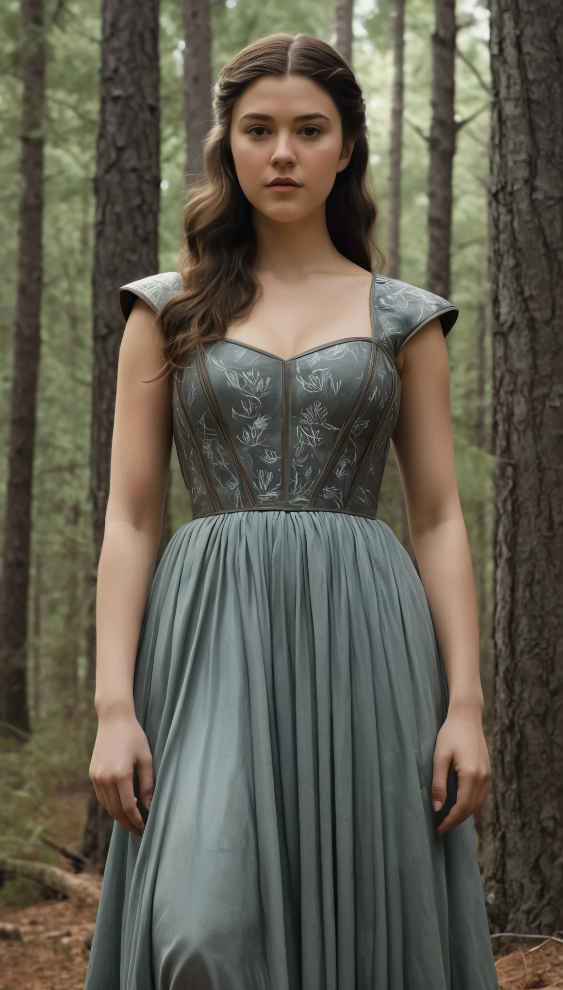 An illustrated movie poster, hand-drawn, full color, a Westerosi teen girl, wearing a long regal dress, resembles Mary Elizabeth Winstead, sun-tanned complexion, tall, athletic, Amazonian figure, curvy, toned midriff, bottom-heavy, generous hips, massive bubble-butt, ridiculously thick powerful thighs, dark hair, long hair, waist-length hair, posing in a pine forest, hard shadows, graphite shading, stencil marks, airbrushed acrylic paint, masterpiece, in the style of Game of Thrones 