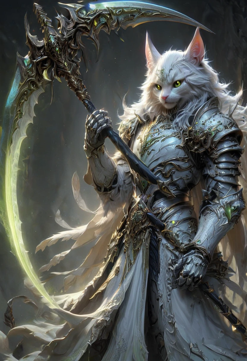 Cat, Scythe, hkstyle, best quality, masterpiece, very aesthetic, perfect composition, intricate details, ultra-detailed