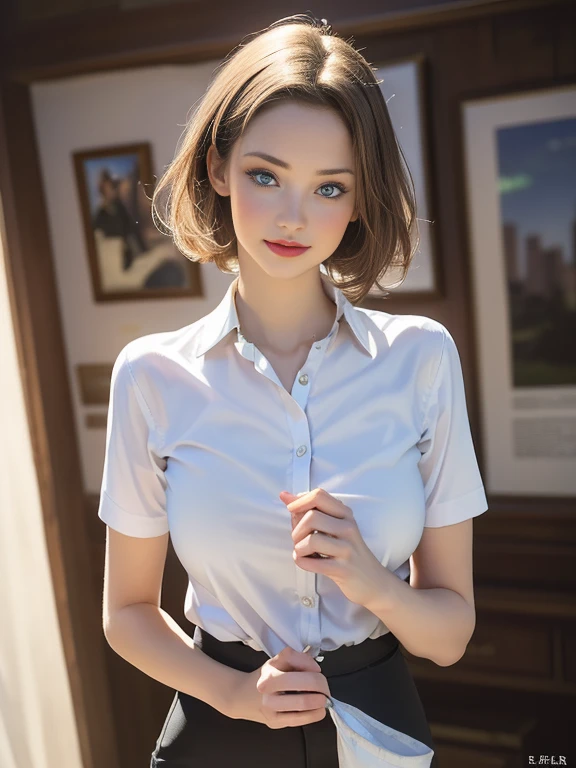 (best quality, 8k, highres, photorealistic:2.0), (solo, one girl:2.0),(photo taken using flash:1.9),(brighten the subject:1.8),(ultimate beautiful girl:2.0),(shiny skin),(oily skin),(blonde hair:1.5),(short hairstyle:1.5),(cool beauty:2.0),Blush brown makeup , dark eye makeup , use pink glossy lipstick,(big beady eyes girl:1.5),(droopy-eyes girl:1.5),(blue eyes:1.5),(thin girl:1.5),( girl),(sex appeal),(sweet smelling girl),(Photographed at the Museum of Modern Art:1.8),(A girl who works part-time at an art museum:1.3),(she works for low wages:1.5),(kind-hearted woman:1.5),(she has a nice smile:1.3),(woman with a happy look:1.3),(she is very sociable),(from a very poor family:1.5),(virgin girl),(She is a secret pervert.),(she covertly lewd),(she looks so erotic),(Preserve virginity for devout Christians),chuuChloe,(Breast cleavage emphasis),(A woman with very soft breasts),(woman fantasizing about sex),(allurement),(I love masturbating),(impressive eyes:1.5),(clean girl),(affability),(tight open collar polo shirt),(skinny pants)