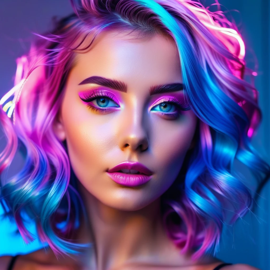 Una mujer con cabello rosado y ojos azules posando para una foto., vistoso glow, brillando con luz de colores, vistoso photo, vistoso, cabello brillante, 4k portrait color photography, retrato en color, cabello largo y colorido, light wave girl portrait, beautiful vistoso, vistoso lighting, beautiful vistoso lights, Colored lighting, resplandor ciberpunk brillante, neon hair, vistoso light