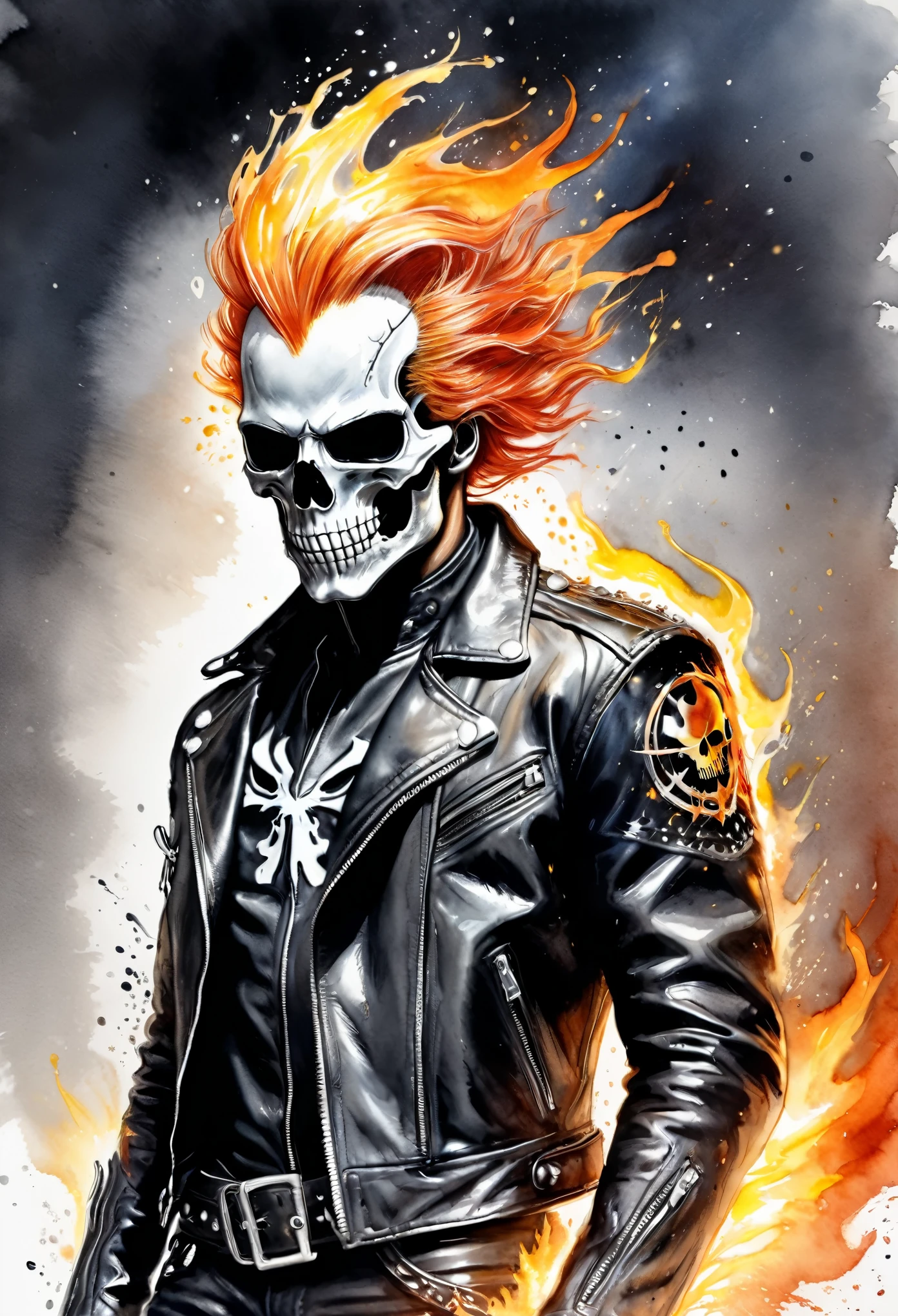 Colorfull watercolor hand drawing, splash design, (best quality, masterpiece:1.2), side view, a ghost rider with fire hair wearing leather jacket, marvel style, simple lines, looking to camera, in dinamic, (natural skin and textile texture, hyperrealism, soft light, sharp:1.2), (intricate details:1.1), hdr, bokeh