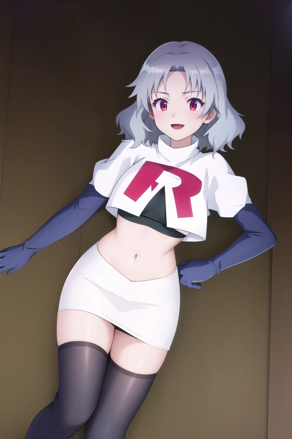 Tina_Holly, smile, (acclaimed, alluring, captivating, exciting, gorgeous), (trending on CGSociety, trending on pixiv, contest winner:1.3), team rocket,team rocket uniform,white skirt,red letter R,crop top,black thigh-highs,black elbow gloves