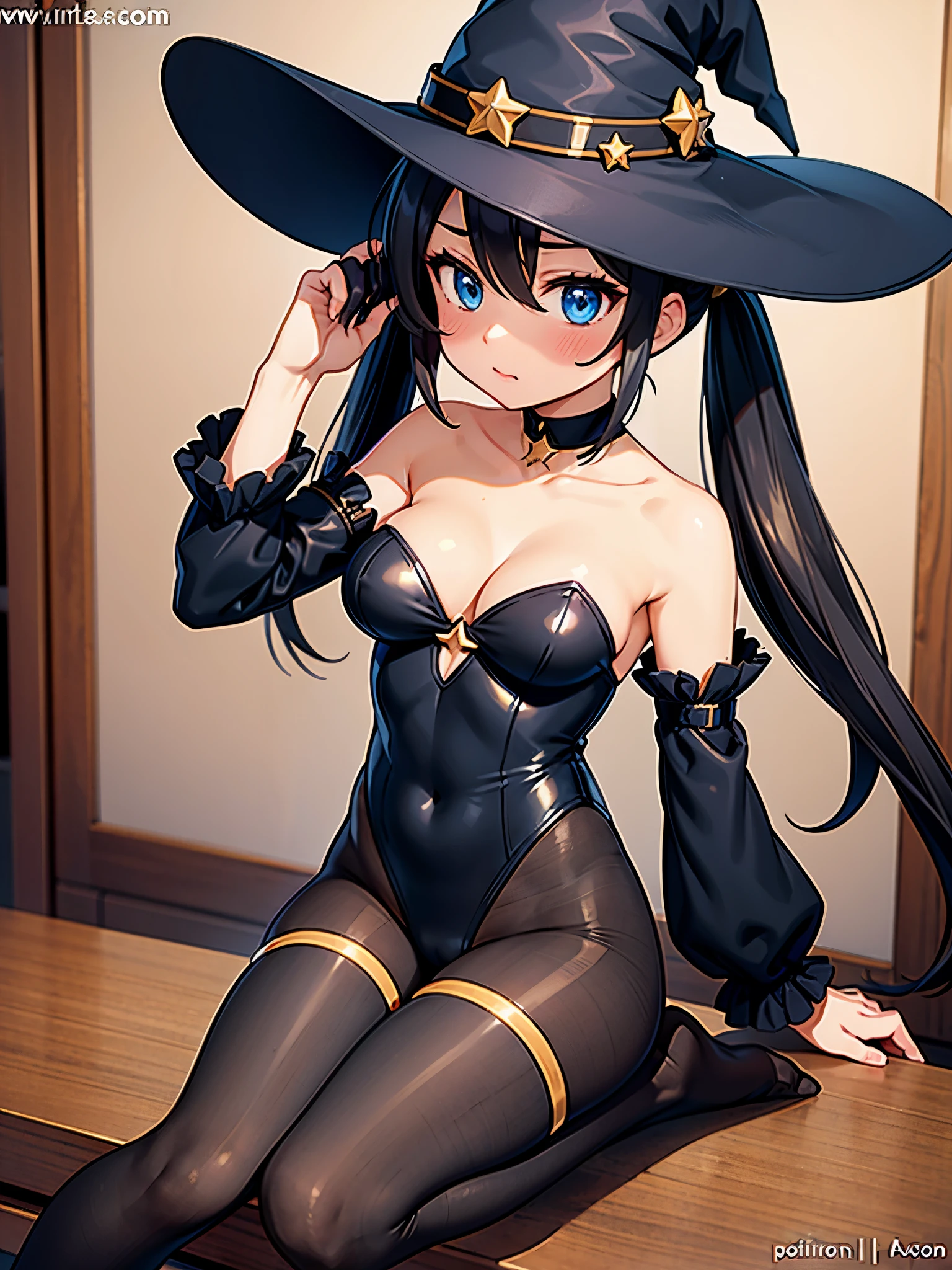 1girl,artist name,bare shoulders,black hair,black pantyhose,blue eyes,blush,breasts,cleavage,collarbone,detached sleeves,gloves,gold trim,hair between eyes,hat,highleg,highleg leotard,leotard,long hair,long sleeves,looking up,medium breasts,no shoes,pantyhose,solo,star (symbol),strapless,strapless leotard,thighlet,thighs,twintails,unworn hat,unworn headwear,very long hair,watermark,witch hat