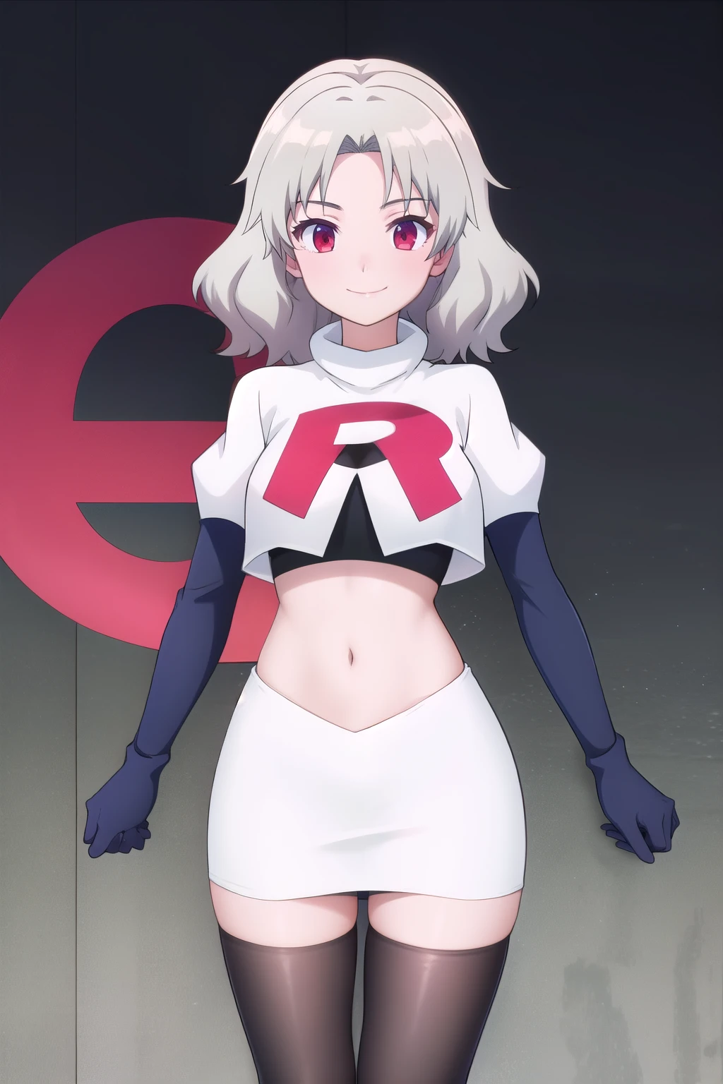 Tina_Holly, smile, (acclaimed, alluring, captivating, exciting, gorgeous), (trending on CGSociety, trending on pixiv, contest winner:1.3), team rocket,team rocket uniform,white skirt,red letter R,crop top,black thigh-highs,black elbow gloves