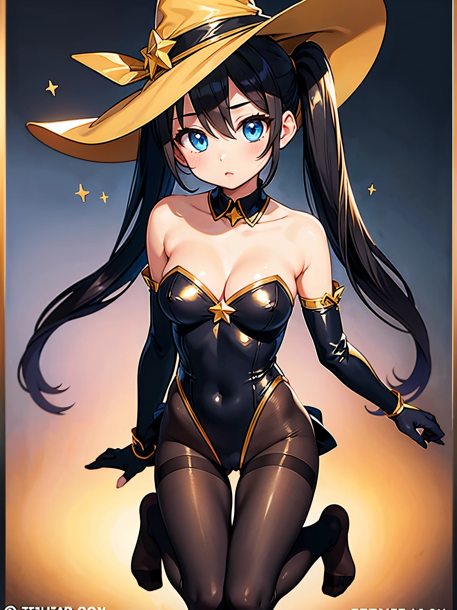 1girl,artist name,bare shoulders,black hair,black pantyhose,blue eyes,blush,breasts,cleavage,collarbone,detached sleeves,gloves,gold trim,hair between eyes,hat,highleg,highleg leotard,leotard,long hair,long sleeves,looking up,medium breasts,no shoes,pantyhose,solo,star (symbol),strapless,strapless leotard,thighlet,thighs,twintails,unworn hat,unworn headwear,very long hair,watermark,witch hat