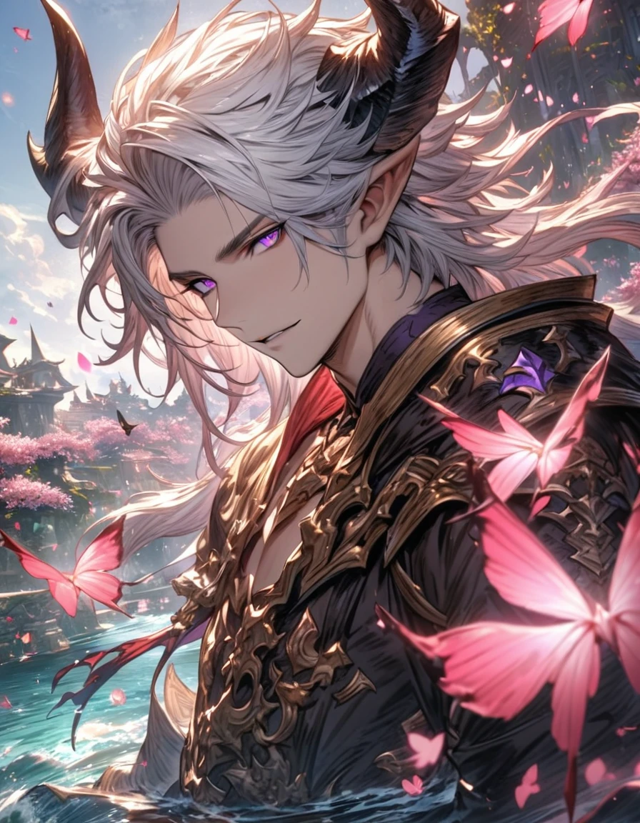 absurdres, highres, ultra detailed, HDR), masterpiece, Azazel, white hair, vibrant purple eyes, 1man, handsome, granblue fantasy, black horns, demon, water, pink flowers, pink butterflies