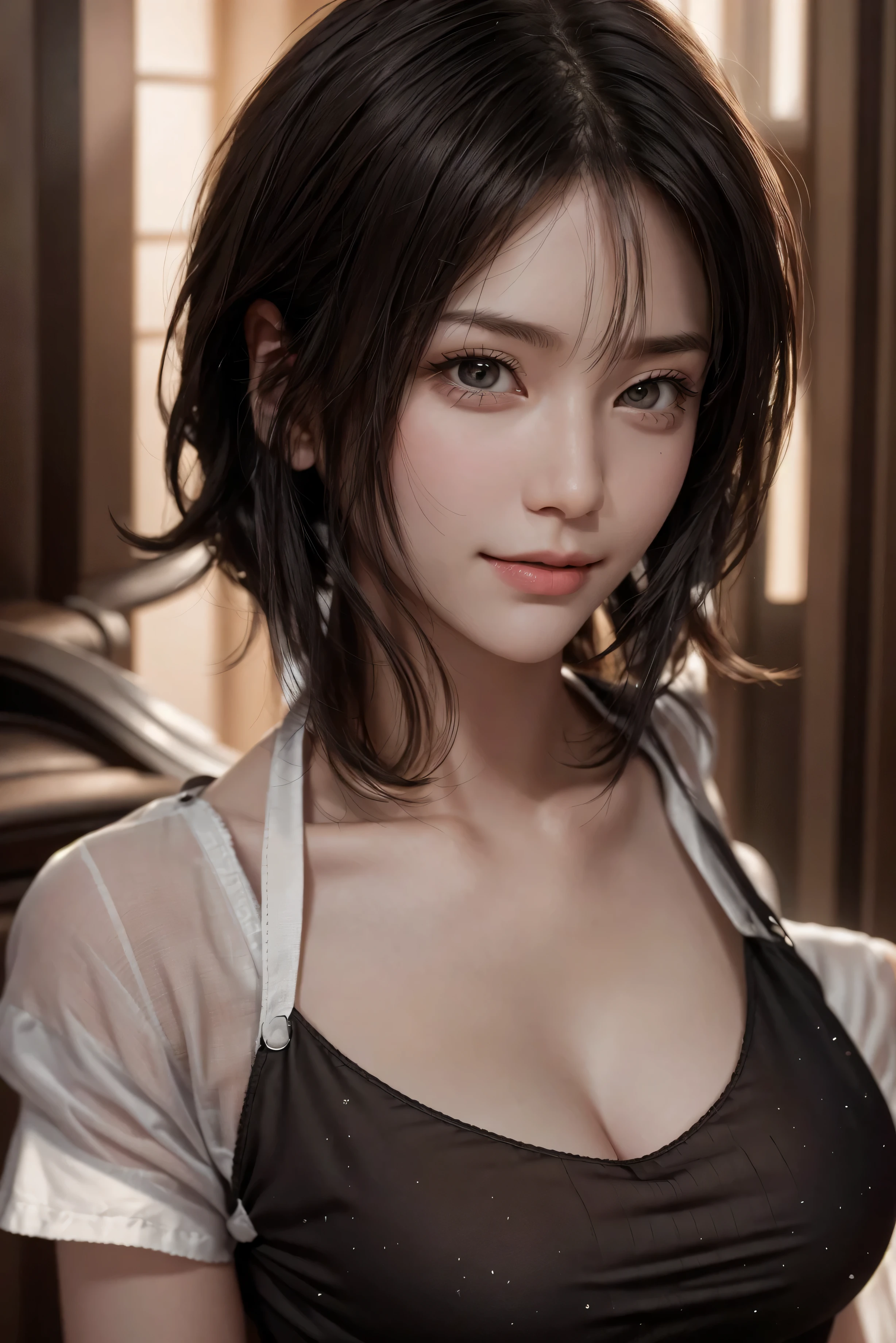 highest quality, ultra high resolution, (realistic: 1.4), beautiful Eyes, Super beautiful, very short hair, beautiful, lover, T-shirt with rough chest, beautiful Soldier, Eyes that invite the viewer, lover's perspective, inviting look, sexy smile, perfect style, perfect balance, fine skin, naughty look, I can see your chest