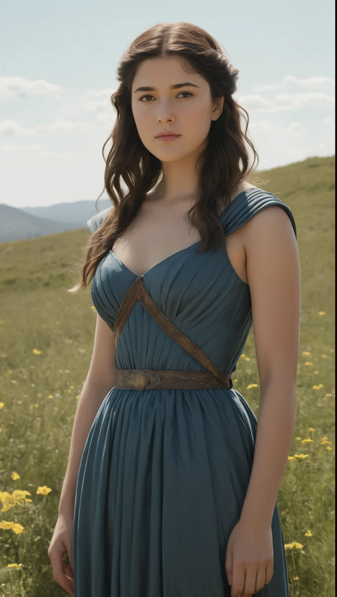 An illustrated movie poster, hand-drawn, full color, a Westerosi  girl, wearing a long regal dress, resembles Mary Elizabeth Winstead, sun-tanned complexion, tall, athletic, Amazonian figure, curvy, toned midriff, bottom-heavy, generous hips, massive bubble-butt, ridiculously thick powerful thighs, dark hair, long hair, waist-length hair, posing in a meadow of wildflowers, hard shadows, graphite shading, stencil marks, airbrushed acrylic paint, masterpiece, in the style of Game of Thrones