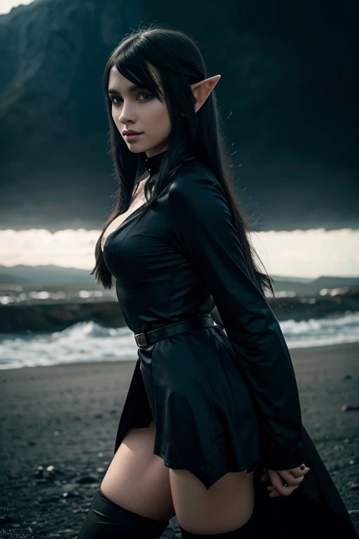 elf girl long pointed ears dark blue eyes White and dark Skinny girl cute girl well-groomed face Poor expression A slight smile on his face A gloomy and dreary atmosphere decadent mysterious dark fantasy Realistic anime girl blue elf トップモデルの様なelf girl elf princess black clothing dark color Japanese Gothic Don't expose your skin