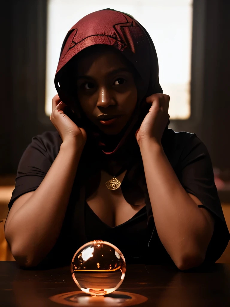 woman around 30 years old, brown skin, straight brown hair, red hood covering her hair, predicting the future in a crystal ball that illuminates a dark table