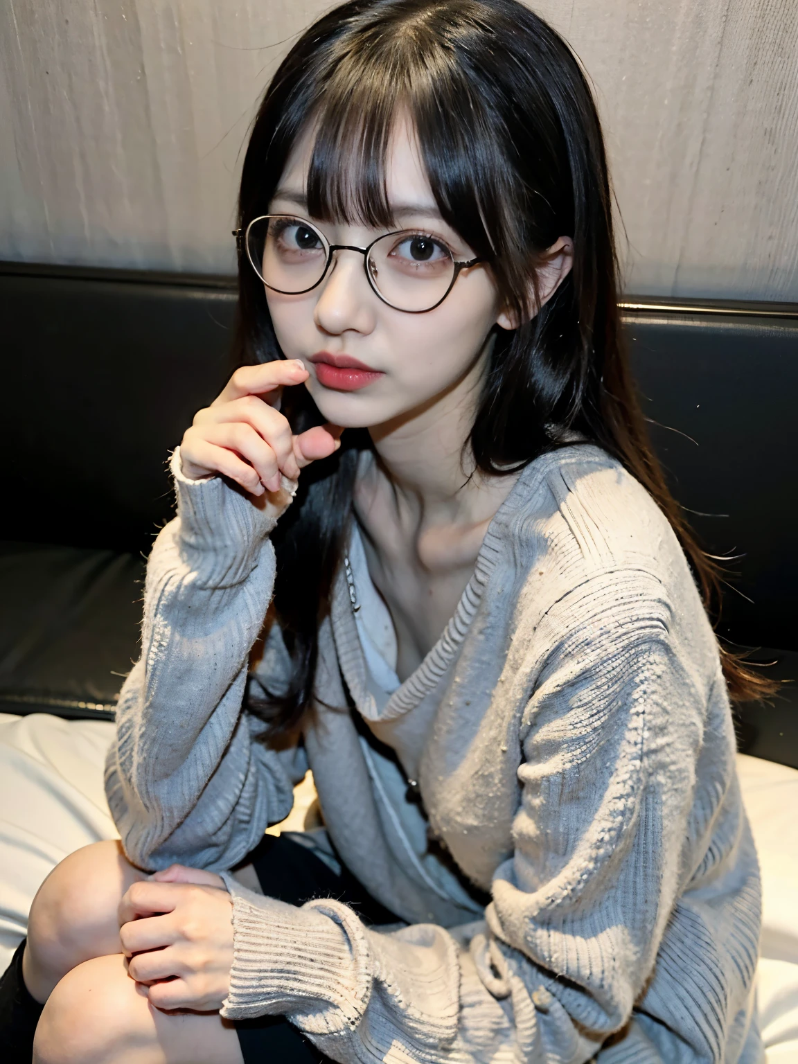 raw photo, 8k, (top-quality), Realistic, (real picture, Intricate details), (natural skin texture, detailed skin, hyper realism, sharpness), (Japanese age glasses girl sitting on bed in a red hotel at night), ((gray hand-knitted long sweater, v-neck sweater)), (((flat chast:1.5, munechira))), (slender body, pale skin:1.2), ((straight hair, blunt bangs)), (glasses provocative look, Parted lips:1.3, eye bag:1.3, red thick lips, under eye circle), night time, red wallpaper, hard lighting:1.3