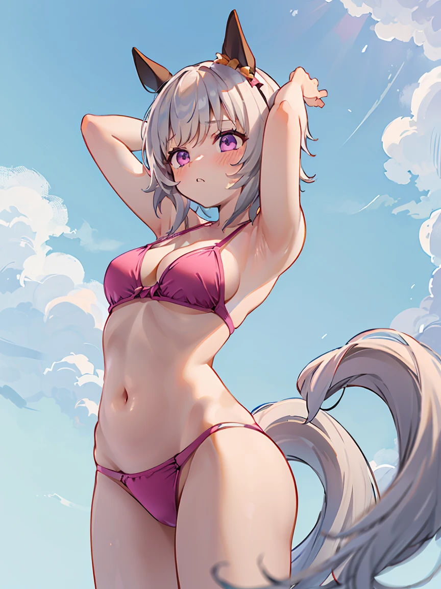 Curren Chan,horse ears,NSFW,1 girl,,,chest,尖ったchest,cleavage,underboob,side boob barbosa,(blush),((embarrassing)),Spread and masturbate((white bikini))first round(((put your hands behind your head)))((view from below、seen from below))