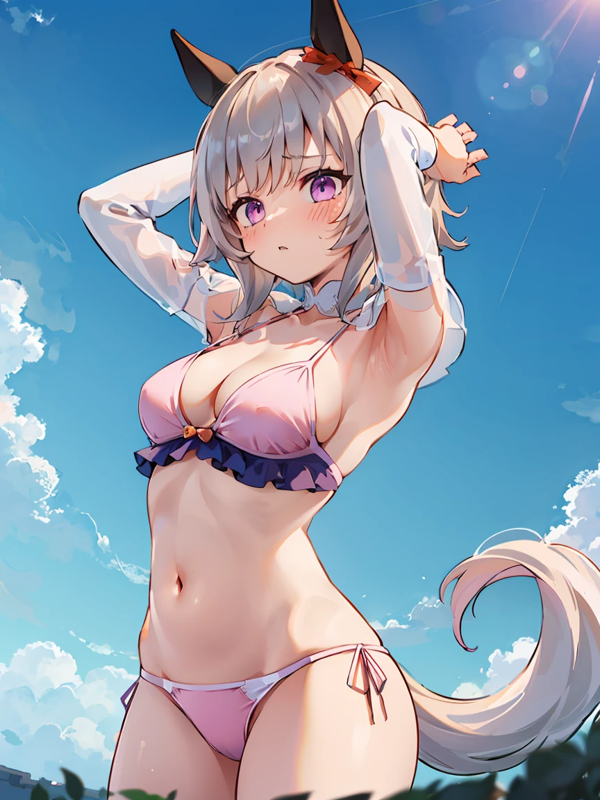 Curren Chan,horse ears,NSFW,1 girl,,,chest,尖ったchest,cleavage,underboob,side boob barbosa,(blush),((embarrassing)),Spread and masturbate((white bikini))first round(((put your hands behind your head)))((view from below、seen from below))