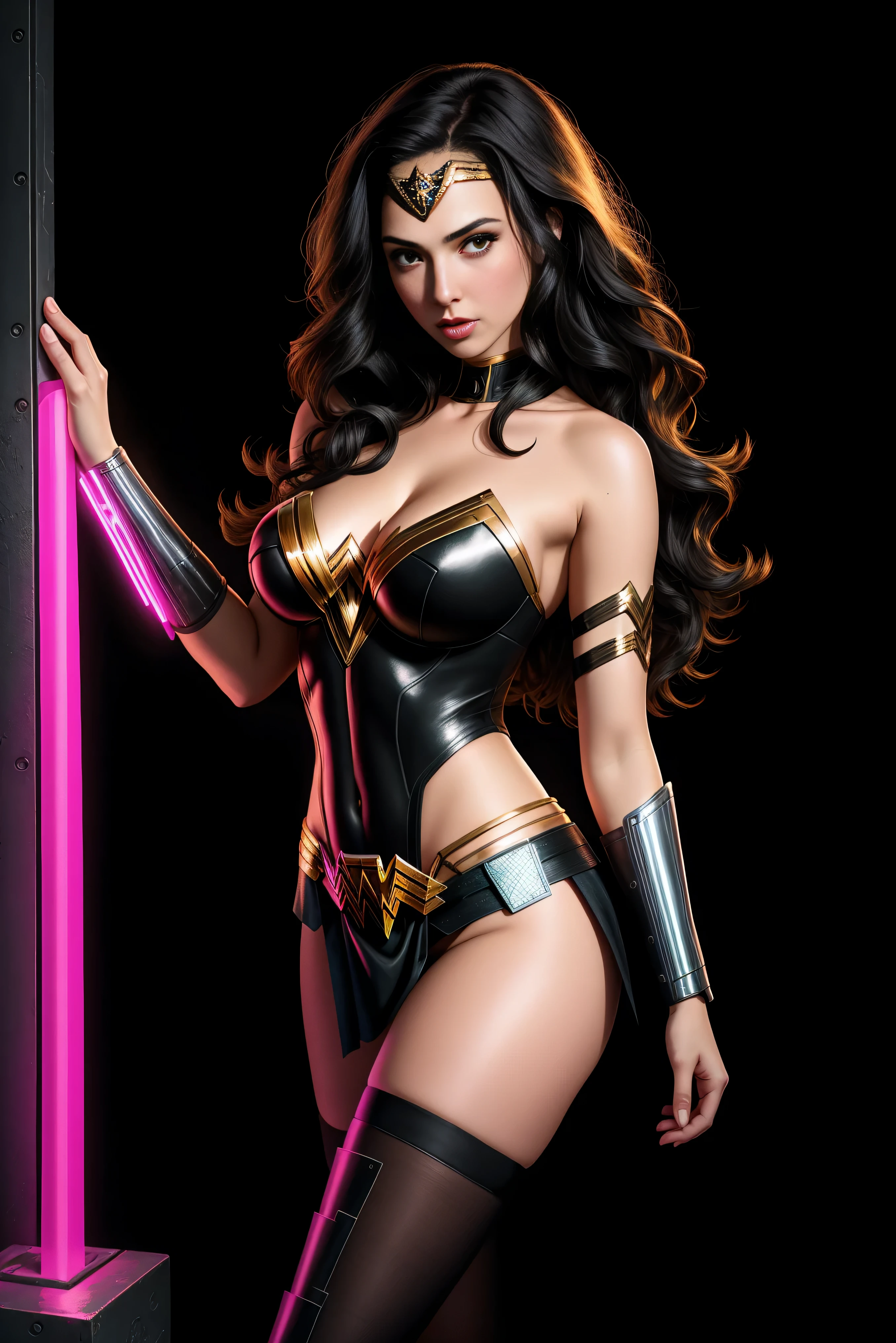 there IS GAL GADOT AS WONDER WOMAN standing, long hair, 3 d neon art of a womans body, neon-noir background, cyberpunk femme fatale, seductive cyberpunk dark fantasy, cyberpunk strip clubs, cyberpunk 20 y. o model girl, oppai cyberpunk, banner, high definition cgsociety, cgsociety masterpiece, trending on cgstation, kda, random hair, looking at camera, gigantic breasts, cleavage, (high detailed skin:1.2), 8k uhd, dslr, super lighting, high quality, film grain, high res, highly detailed, hyper realistic, beautiful face, beautiful body, beautiful eyes nose lips, alluring expression, very bold, upper visible, full body photo, standing legs apart, pale translucent glowing skin, most beautiful face, cute, (well defined pubic hair:1.2)), (dark plain black background:1.4))