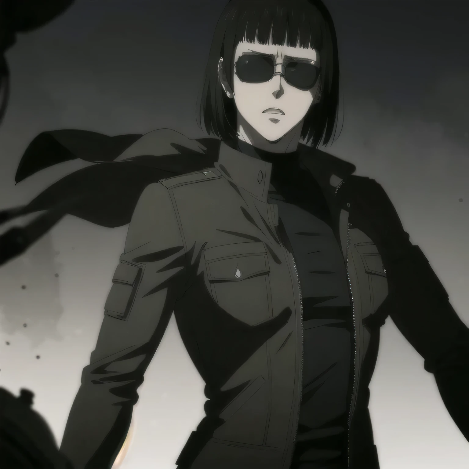 (best quality,ultra-detailed,realistic:1.37), , badass girl Sunglasses wearing Undershirt with leather jacket,, full review of the female character's face and body, intense expression, strong and confident posture, studio lighting, vivid colors, physiologically-based rendering, grungy texture, rugged background, dust particles in the air, commanding presence, professional, powerful, gritty aesthetics,,Valmet،short hair,