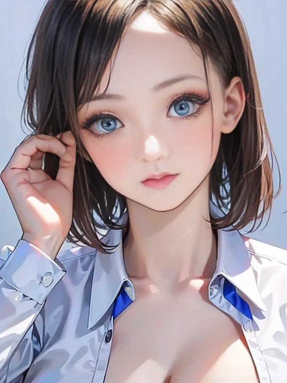 (best quality, 8k, highres, photorealistic:2.0), (solo, one girl:2.0),(photo taken using flash:1.9),(brighten the subject:1.8),(ultimate beautiful girl:2.0),(shiny skin),(oily skin),(blonde hair:1.5),(short hairstyle:1.5),(cool beauty:2.0),Blush brown makeup , dark eye makeup , use pink glossy lipstick,(big beady eyes girl:1.5),(droopy-eyes girl:1.5),(blue eyes:1.5),(thin girl:1.5),(baby face girl),(sex appeal),(sweet smelling girl),(Photographed at the Museum of Modern Art:1.8),(A girl who works part-time at an art museum:1.3),(she works for low wages:1.5),(kind-hearted woman:1.5),(she has a nice smile:1.3),(woman with a happy look:1.3),(she is very sociable),(from a very poor family:1.5),(virgin girl),(She is a secret pervert.),(she covertly lewd),(she looks so erotic),(Preserve virginity for devout Christians),chuuChloe,(Breast cleavage emphasis),(A woman with very soft breasts),(woman fantasizing about sex),(allurement),(I love masturbating),(impressive eyes:1.5),(clean girl),(affability),(tight open collar polo shirt),(skinny pants)