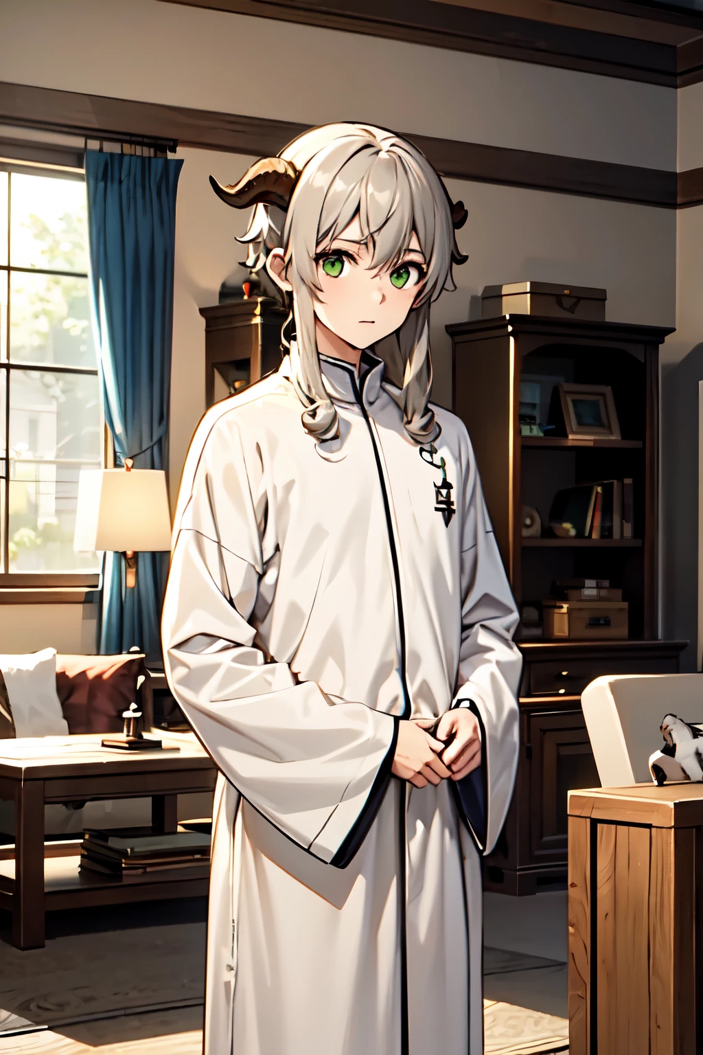 1 male, alone,cute、gray hair, Single shot、curly hair, bangs, goat horns, green eyes, Brown Parker、lounge wear、play the game、indoor、adult、anime、PC Room、man's body、Wide shoulders