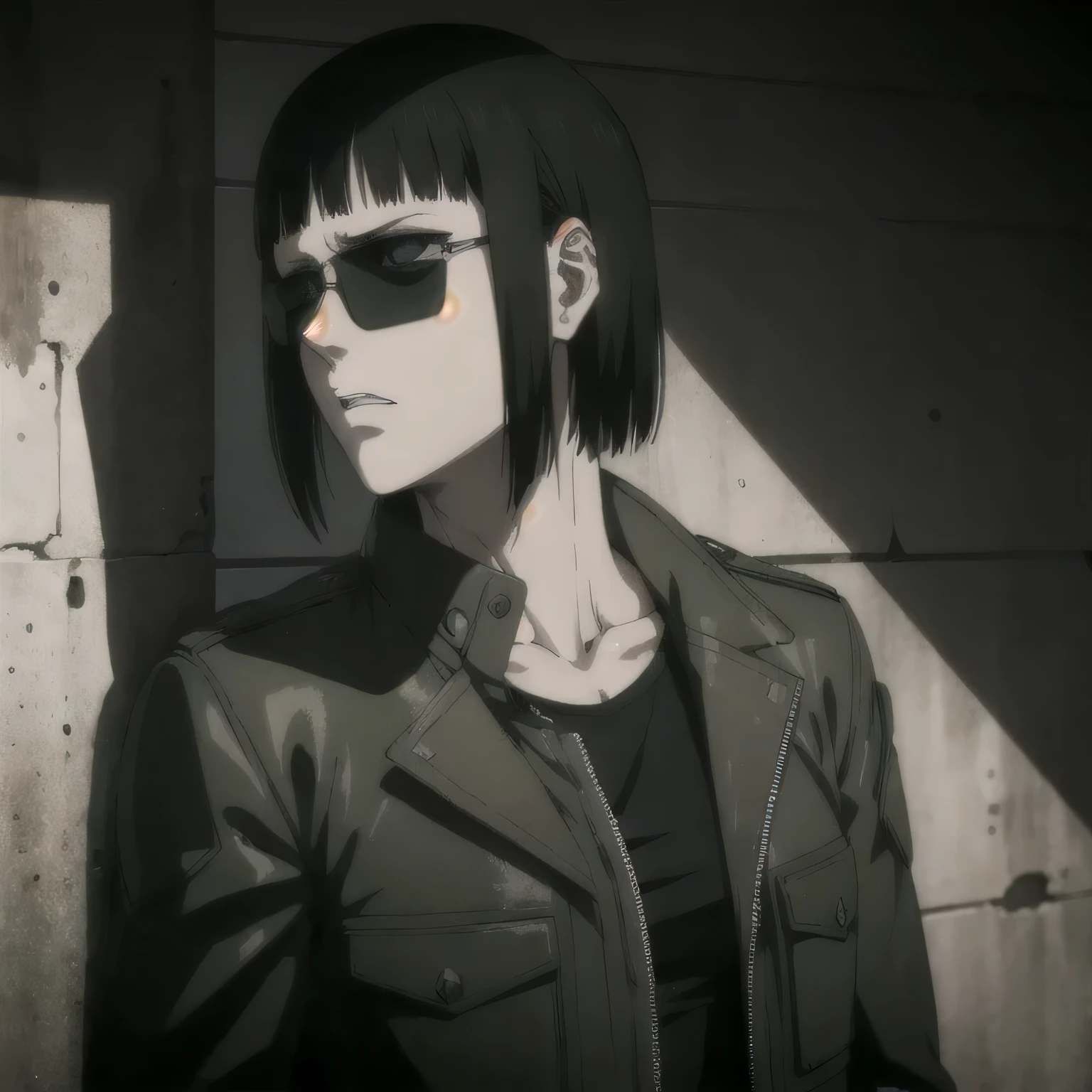 (best quality,ultra-detailed,realistic:1.37), , badass girl Sunglasses wearing Undershirt with leather jacket,, full review of the female character's face and body, intense expression, strong and confident posture, studio lighting, vivid colors, physiologically-based rendering, grungy texture, rugged background, dust particles in the air, commanding presence, professional, powerful, gritty aesthetics,,Valmet،short hair,