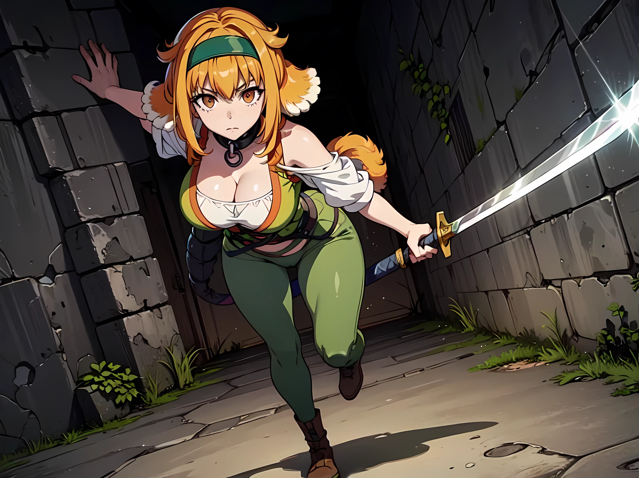 masterpiece, best quality, roxanne, dog ears, black hairband, [[[green hairband]]], collar, off-shoulder shirt, cleavage, green vest, green pants, large breasts, holding sword, ((sword)), ((((charging forward)))), looking at viewer, (((dog tail above butt))), [[[focused]]], [[glaring]], holding weapon, hand on hilt, (((dirt))), (((((dungeon))))), ((maze)), (((medieval))), ((dark)), ((night)), glowing, orbs