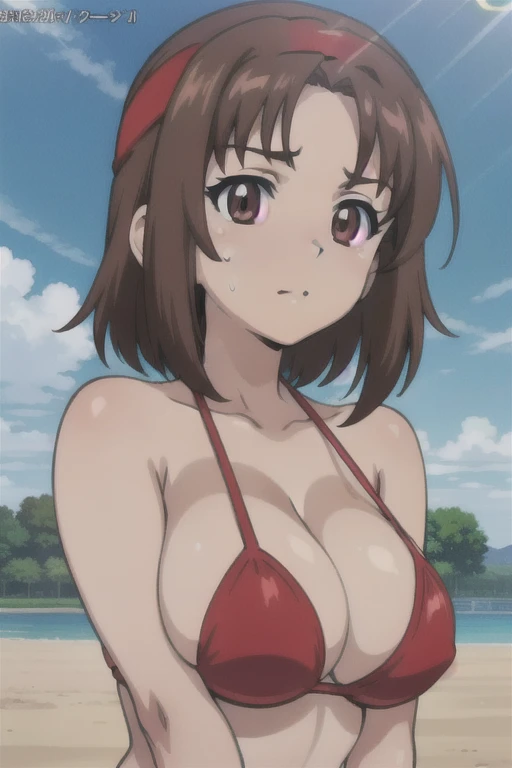 (anime cels style, best quality, high resolution, megami magazine, anime poster style, sharp, 8k, photorealistic), (beautiful eyes:1.2), (kondou_taeko:1.5, Girls und Panzer), 1girl, brown medium hair, brown eyes, (red sweatband:1.5), (large breast), (red bikini), upper body, (perfect detailed anatomy, beautiful face, perfect body, perfect arms, shiny skin), sunshine, bluesky