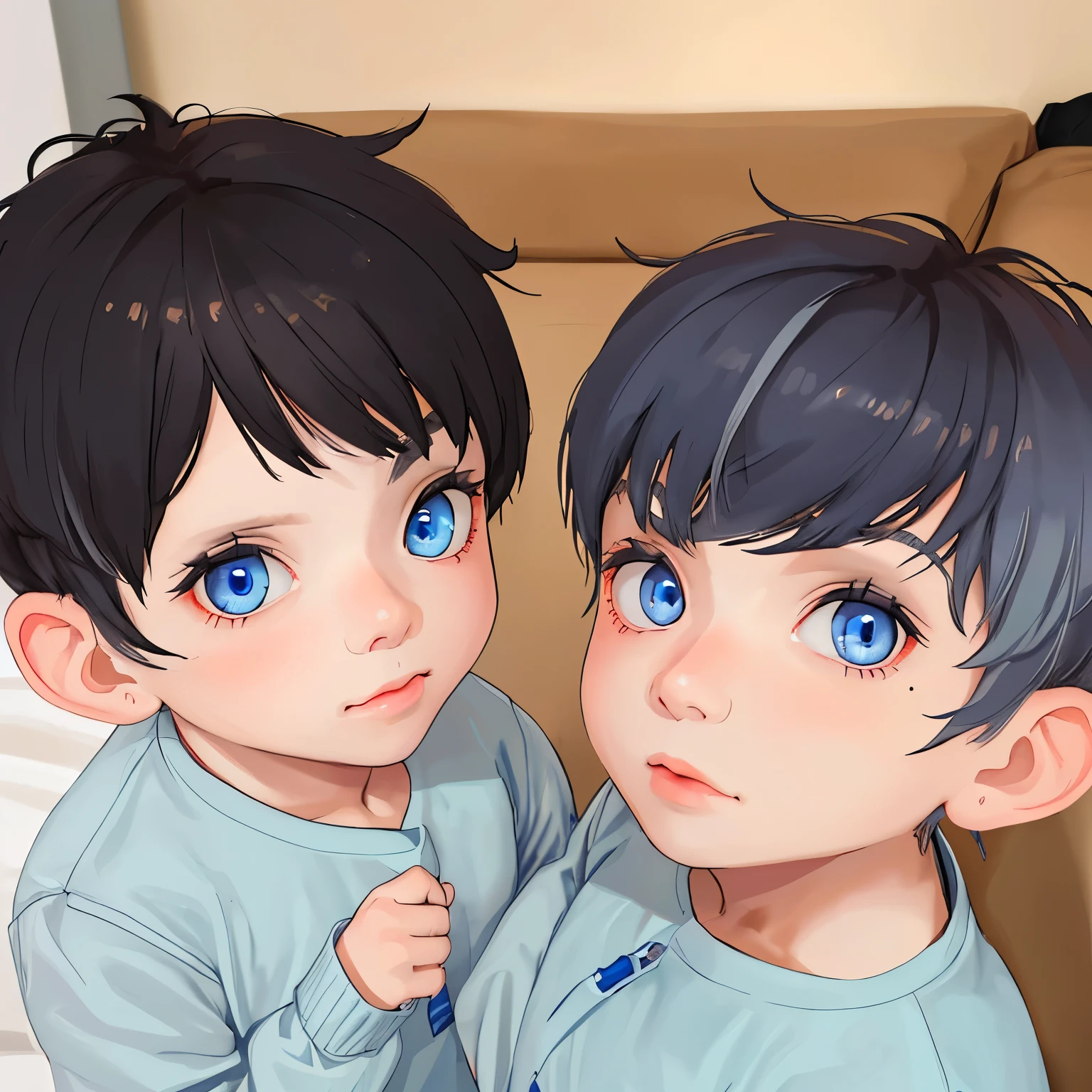 two twins with gray hair and blue eyes