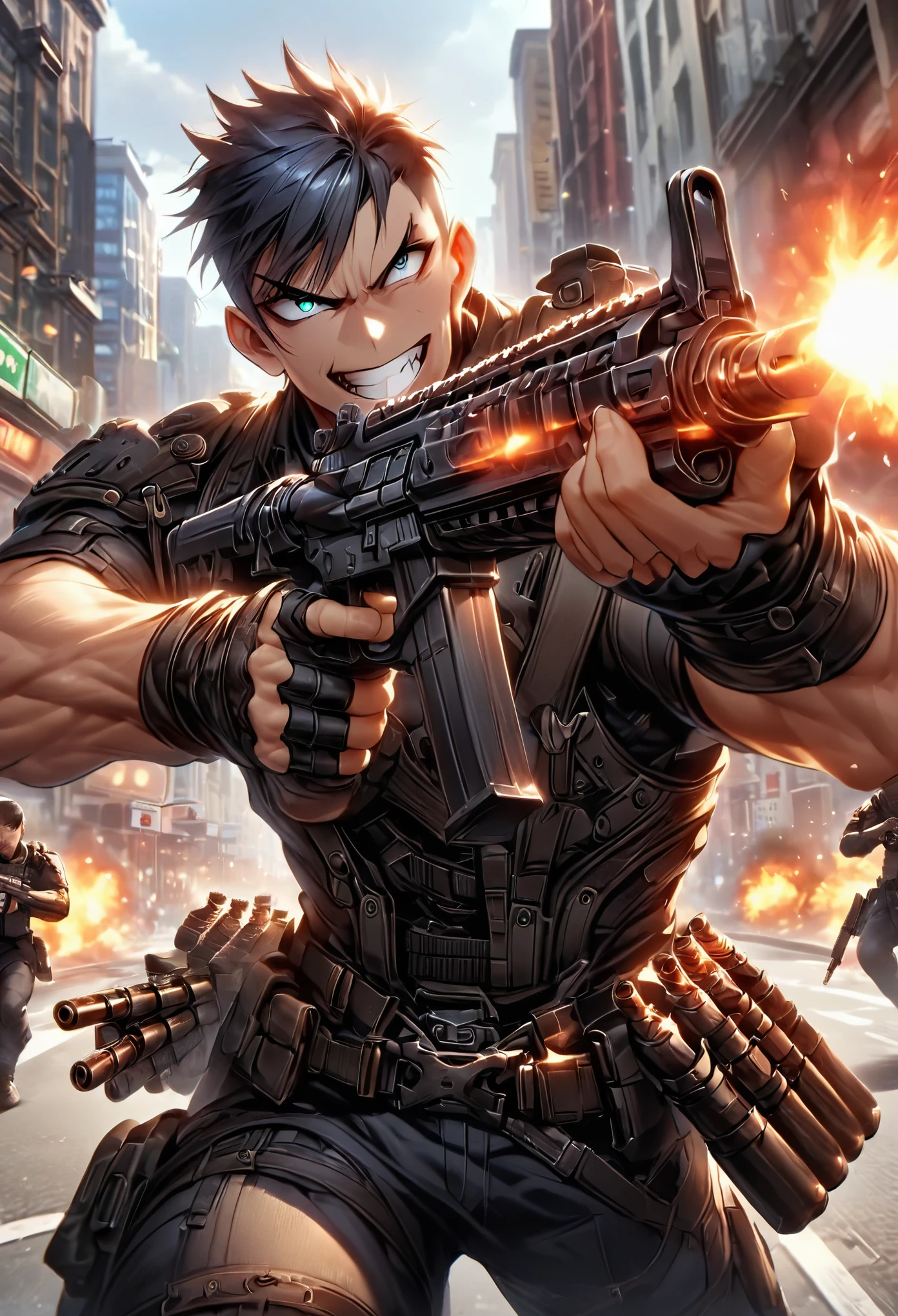 mercenary, male, male focus, muscular, black hair, aqumarine eyes, crew cut, maniacal laugh, v-shaped eyebrow, evil smile, clenched teeth, ammunition belt, grenades, drop-down pistol holster on the right hip, holstered pistol on the right hip, (holding an assault rifle, aiming at viewer), new york street, gunfight, shootout, shot NYPD cruisers, an explosion in the street