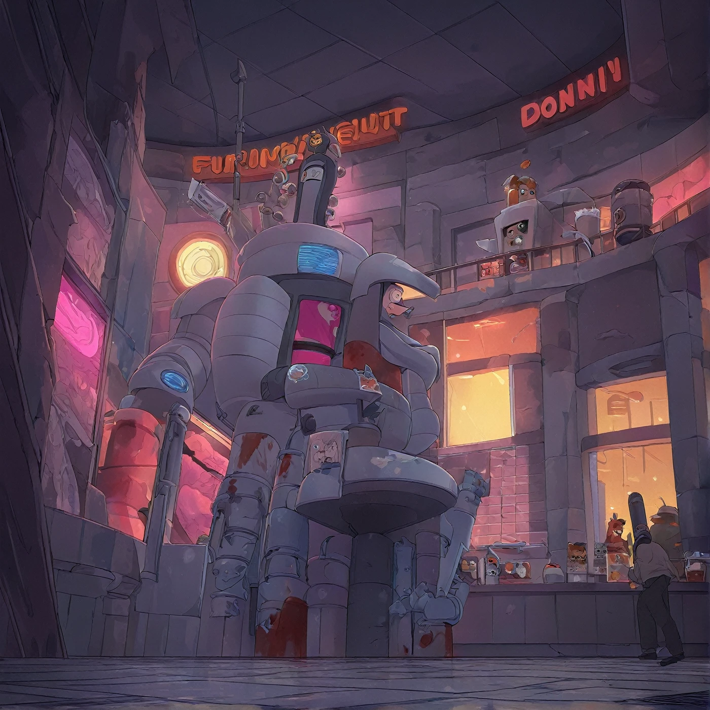 (blood spike knife:1.1)Bender running fiercely in Dunkin Donut at Seoul Mall(photorealistic). In this Futurama-inspired masterpiece, Bender, the iconic robot, holds a blood spike knife, evoking a sense of danger and excitement. The scene is set inside a vibrant Dunkin Donut store on Seoul Mall, with delicious donuts and colorful coffee cups adorning the counters. The lighting is dramatic, casting deep shadows and highlighting the textures of the surrounding elements. Bender's metallic body reflects the strong studio lighting, making him appear even more striking. His eyes, with intricate details, gleam with mischief as he dashes through the energetic atmosphere. The overall color palette is vivid, capturing the essence of the Futurama universe. The image is of the highest quality, showcasing ultra-detailed rendering and professional artistry. The sharp focus on Bender's action and the physically-based rendering create a truly captivating visual experience. So get ready to immerse yourself in this Futurama-style adventure with Bender's blood spike knife and the delightful setting of Dunkin Donut on Seoul Mall.