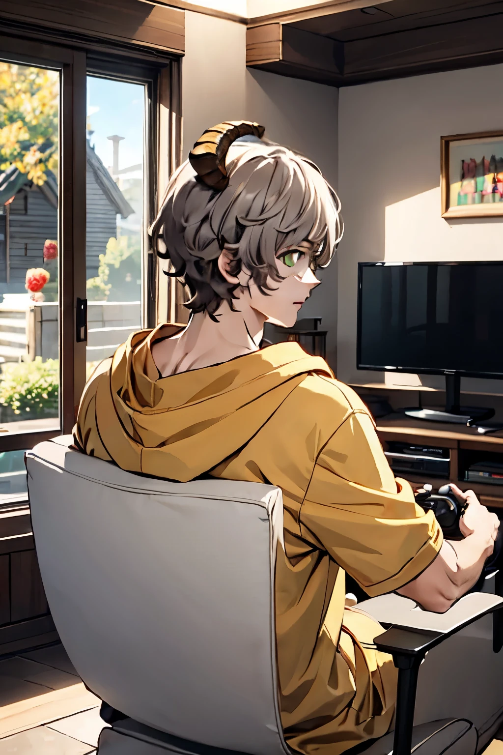 1 male, alone,cute、gray hair, Single shot、curly hair, bangs, goat horns, green eyes, Brown Parker、lounge wear、play the game、indoor、adult、anime、PC Room、man's body、Wide shoulders、big hoodie、I have a gaming device