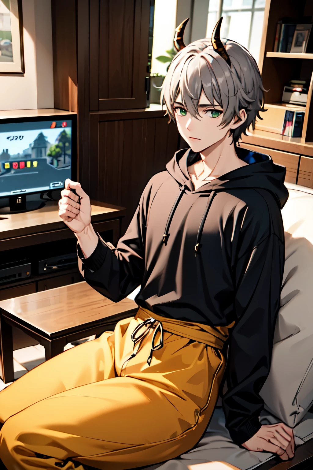 1 male, alone,cute、gray hair, Single shot、curly hair, bangs, goat horns, green eyes, Brown Parker、lounge wear、play the game、indoor、adult、anime、PC Room、man&#39;s body、Wide shoulders、big hoodie、I have a gaming device