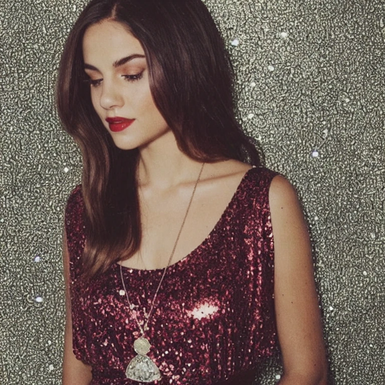 portrait of a brunette woman, straplessred glitter dress, low light, bedroom background, fujifilm-instax-mini-v1beta, polaroid,  cleavages, earrings, necklace, bracelets