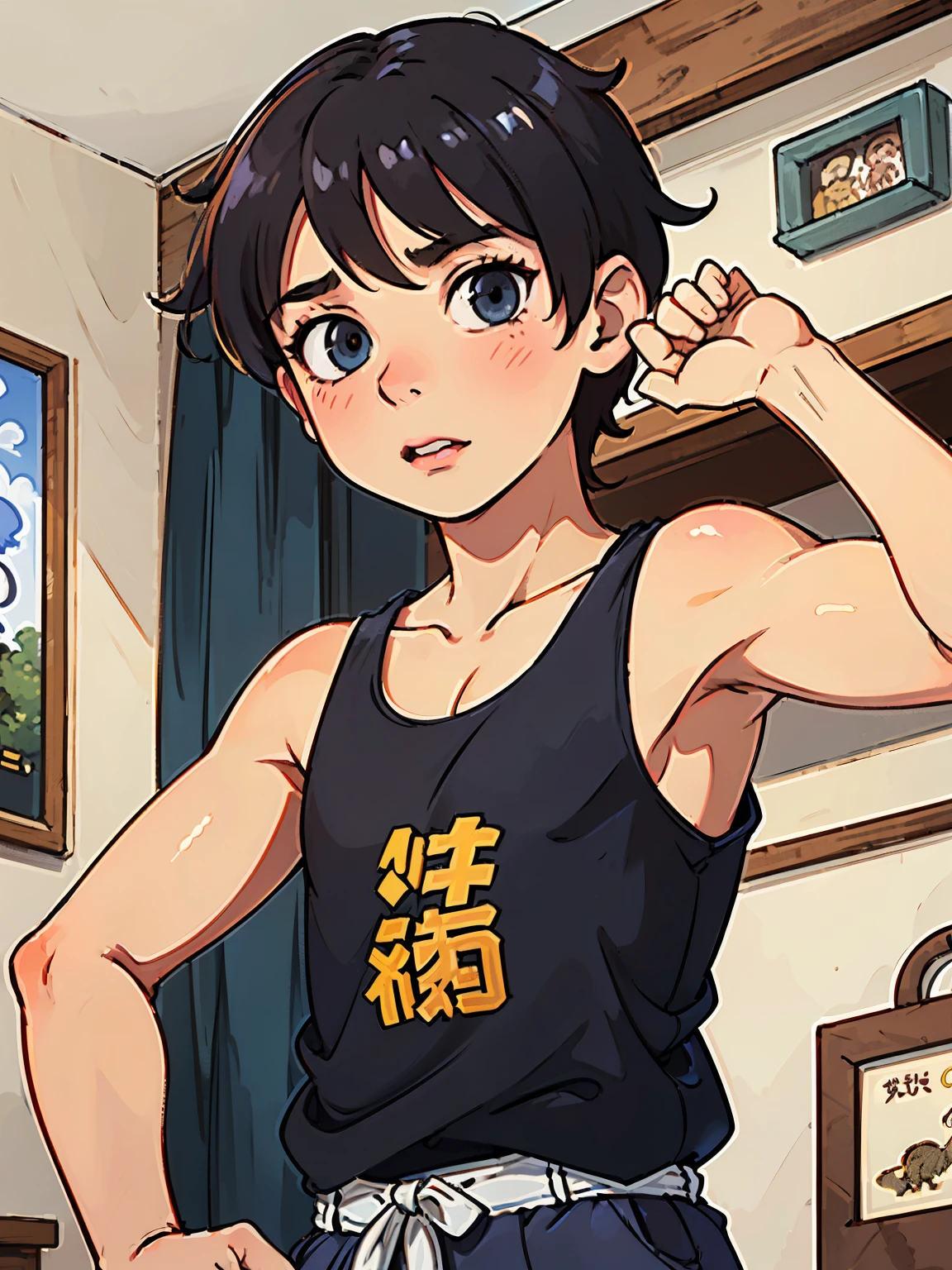 highres,Masterpiece, Best quality at best,Best Quality,hight quality, hight detailed, realistic, photorealistic, Anime style, 1boy, Boy, indoor, Cheerful boy, basket uniform,Tank Tops, boy focus